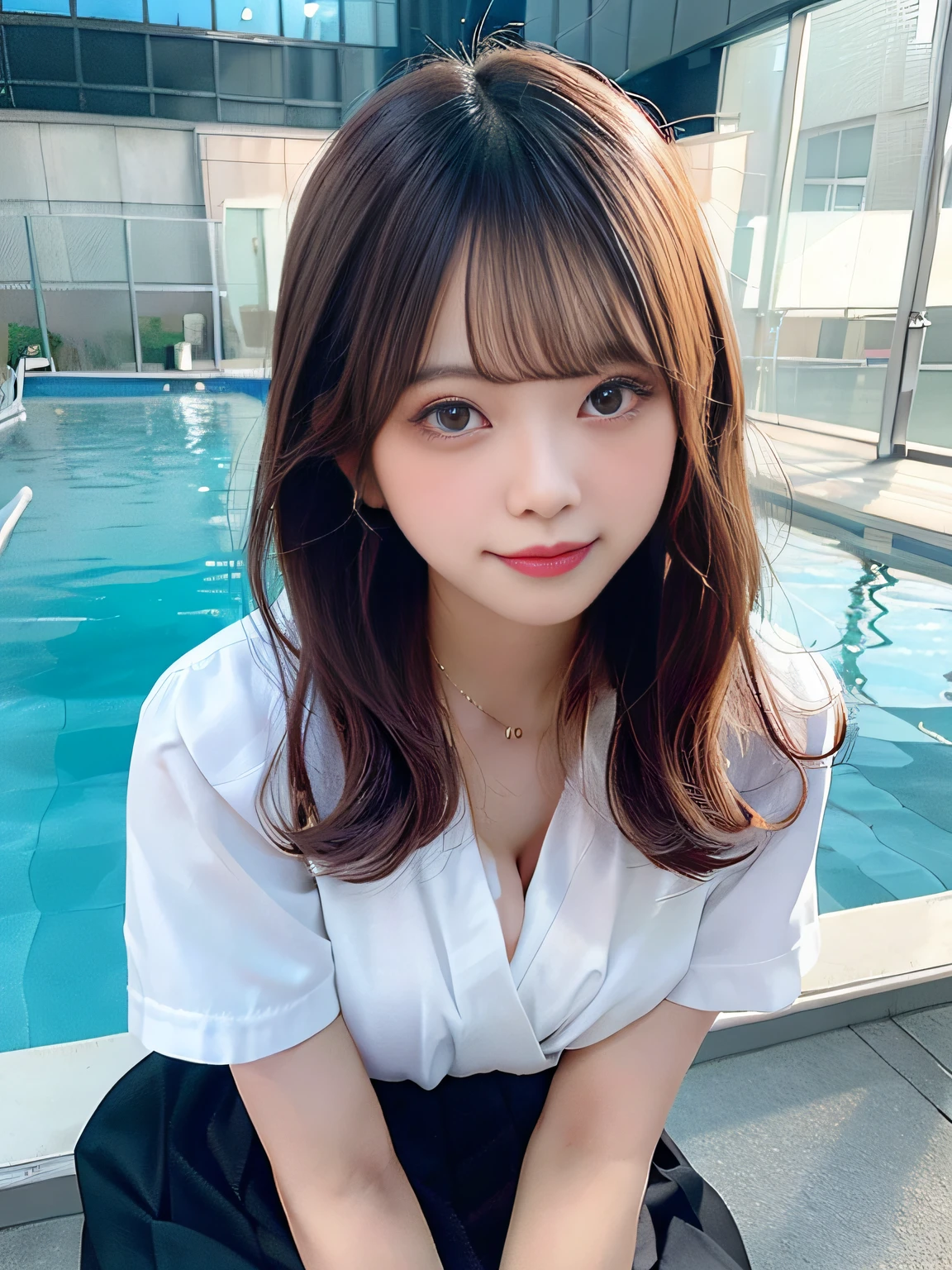 (64k,RAW photos,best qualtiy,masterpiecel1.4),(realisticlying,photograph realistic:1.37),Photos of Japanese girls,Wear a school uniform,naturey(big cleavage breasts:1.25),(small:1.4),looks away,seduct smile,(Kpop idol),messy hair,((short)),(Pink blush),(illuminating),pool,Sit on the bed,,(独奏),dynamicposes,(erected ),(femele), (puffy eye:1.3), (delicate leg), hdr, highly detailed, Environmental occlusion, Harmonious composition, fine art photography,((Liuhai)),gigantic cleavage breasts,((Shoot from bottom to top)),Long legs,Wearing black stockings,full bodyesbian,Perfect facial expression,((Makeup))