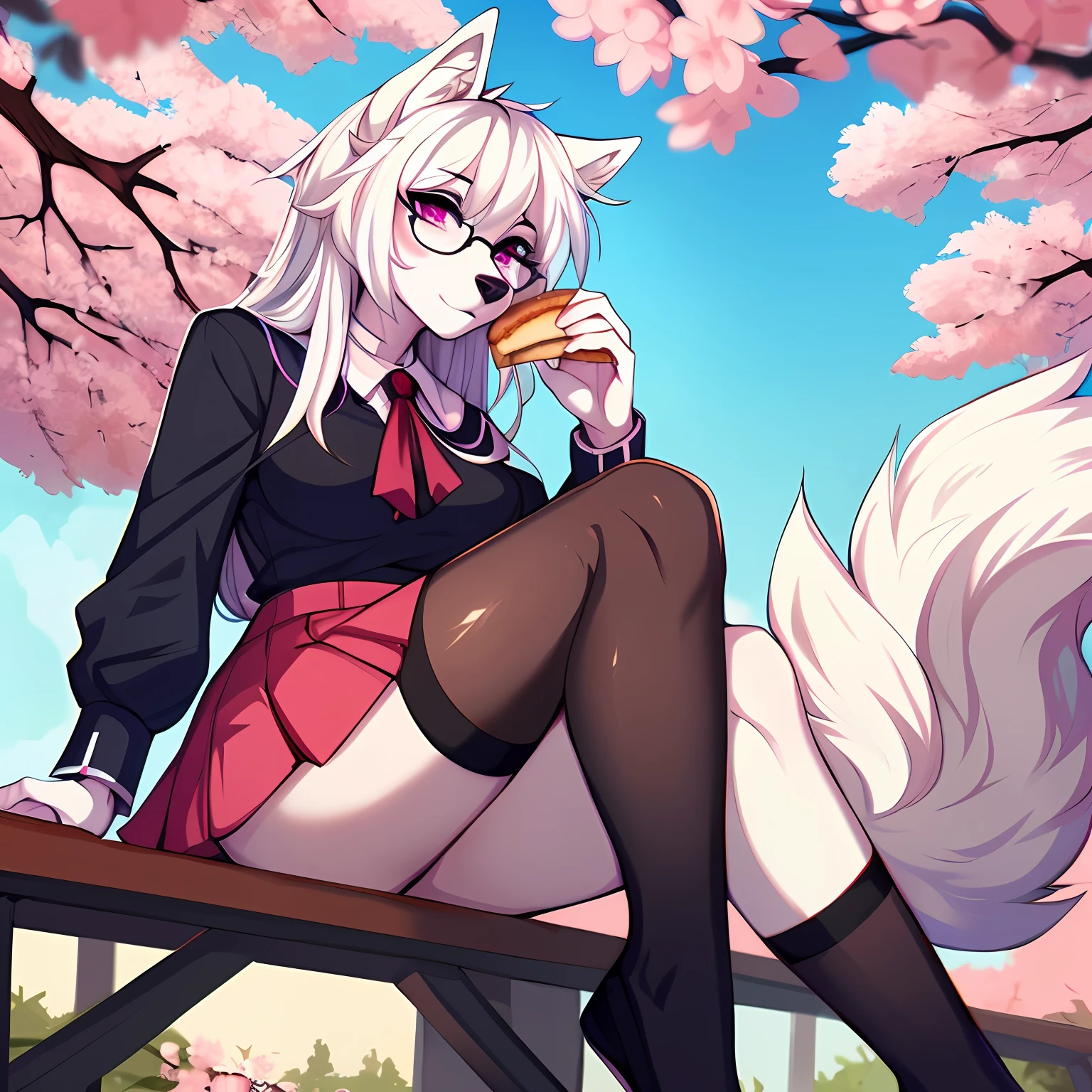 (By hyattlen, by fumiko, by claweddrip:1.3), Cute white anthro furry wolf girl, female, white fur, white fluffy body, black nose, (cute snout:1.1), white fluffy tail, long white hair, detailed magenta eyes, black eyeliner, (black bow in hair:1.1), wearing a school uniform, sitting underneath a cherry blossom with another grey female cute anthro wolf girl, eating a sandwich with her, both girls are sitting underneath the tree, wearing thick elegant glasses, highly detailed, masterpiece, intricate designs, short skirt, wearing thigh high socks, no shoes, (4 toes:1.1) toes exposed