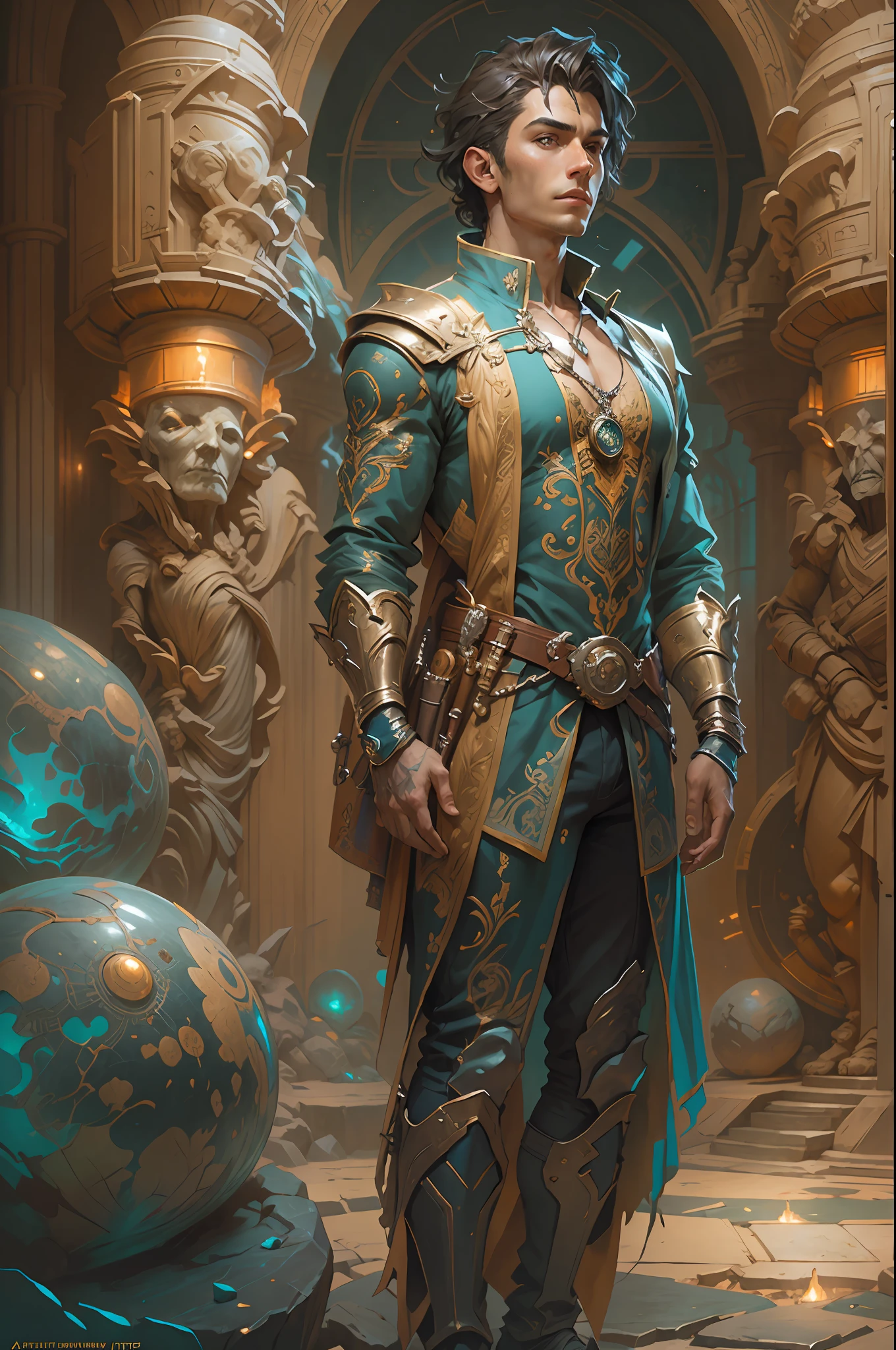 Portrait of a young handsome boy standing on a marvelous stone, standing gitl:1.2, (Low contrast ), colorfantasystyle, Oil painting on matte canvas, sharp detailed, the expanse scifi spacescape ceres colony, Intricate, Highly detailed, Digital painting, plethora of colors, smooth, Sharp focus, illustration, Unreal Engine 5, 8K, art by artgerm and greg rutkowski and alphonse mucha , art by midjourney