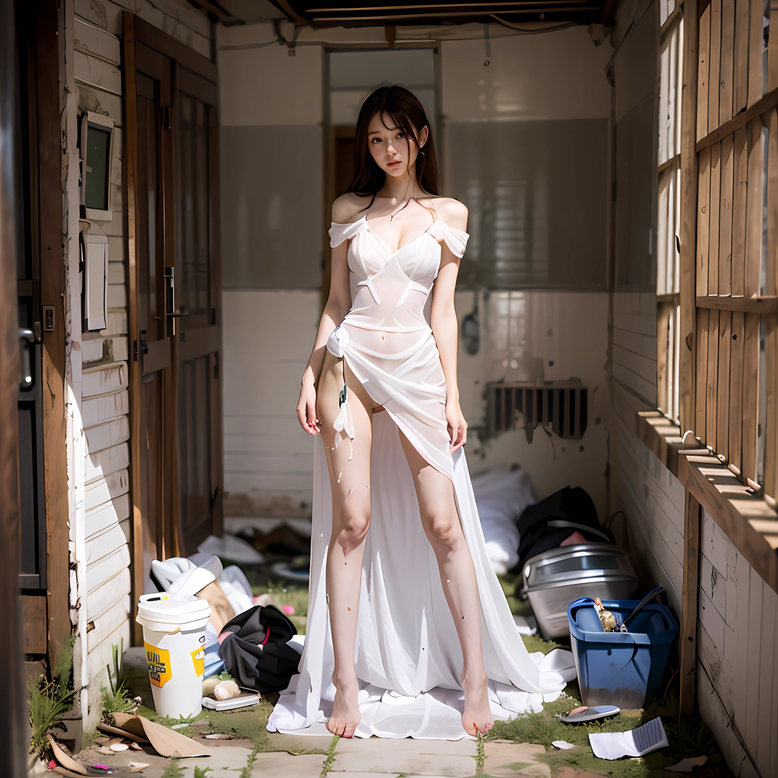 abandoned toilet,White transparent tight wedding dress,Sexy standing pose,Garbage all over the ground,grimy,Dilapidated,Devastated,best qualtiy,full-body portraits(1:1),delicated face,18 years old girls,lean and slender body,Skinny,Smaller bust,The barefoot,junk,Leaking the genitals,Naked all over the body,face to the viewer,nakeness