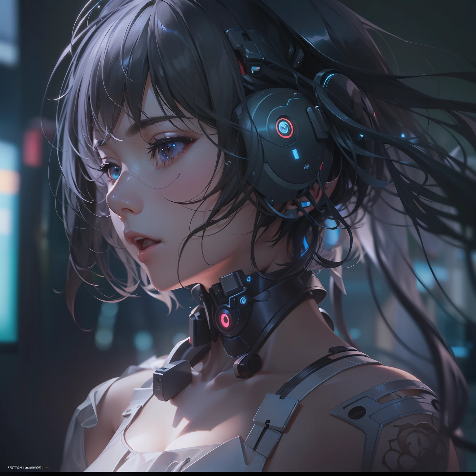 (((​masterpiece)))、(((top-quality)))、((ultra-definition))、(High Definition CG Illustration)、((extremely delicate and beautiful))、、cyberpunked、Cinematic Light、独奏、2030s、Cyberpunk Anime Girl、trending on artstationh、Rachel Walker、