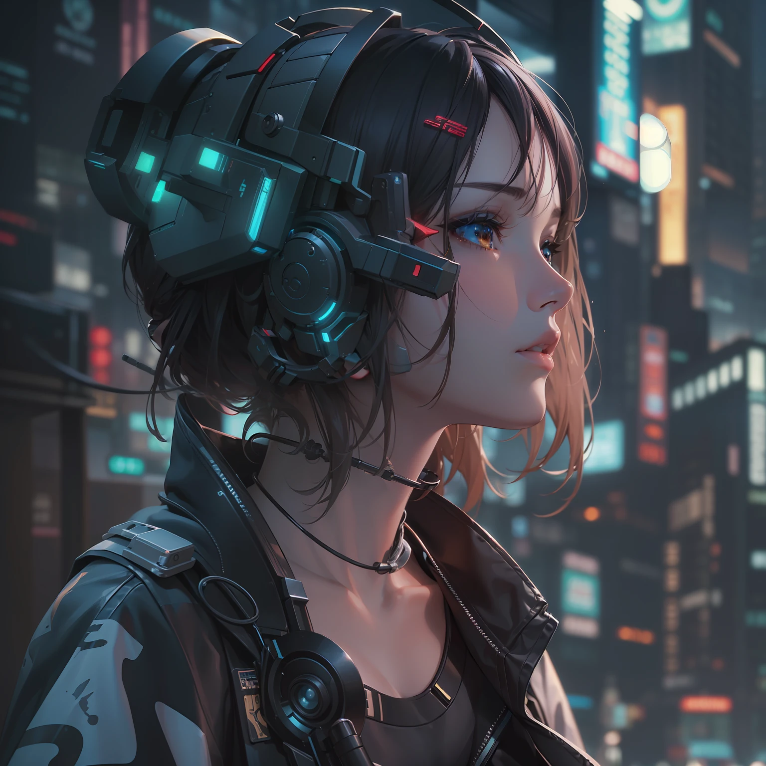 (((masterpiece)))、(((top-quality)))、((ultra-definition))、(High Definition CG Illustration)、((extremely delicate and beautiful))、、cyberpunked、Cinematic Light、独奏、2030s、Cyberpunk Anime Girl、trending on artstationh、Rachel Walker、