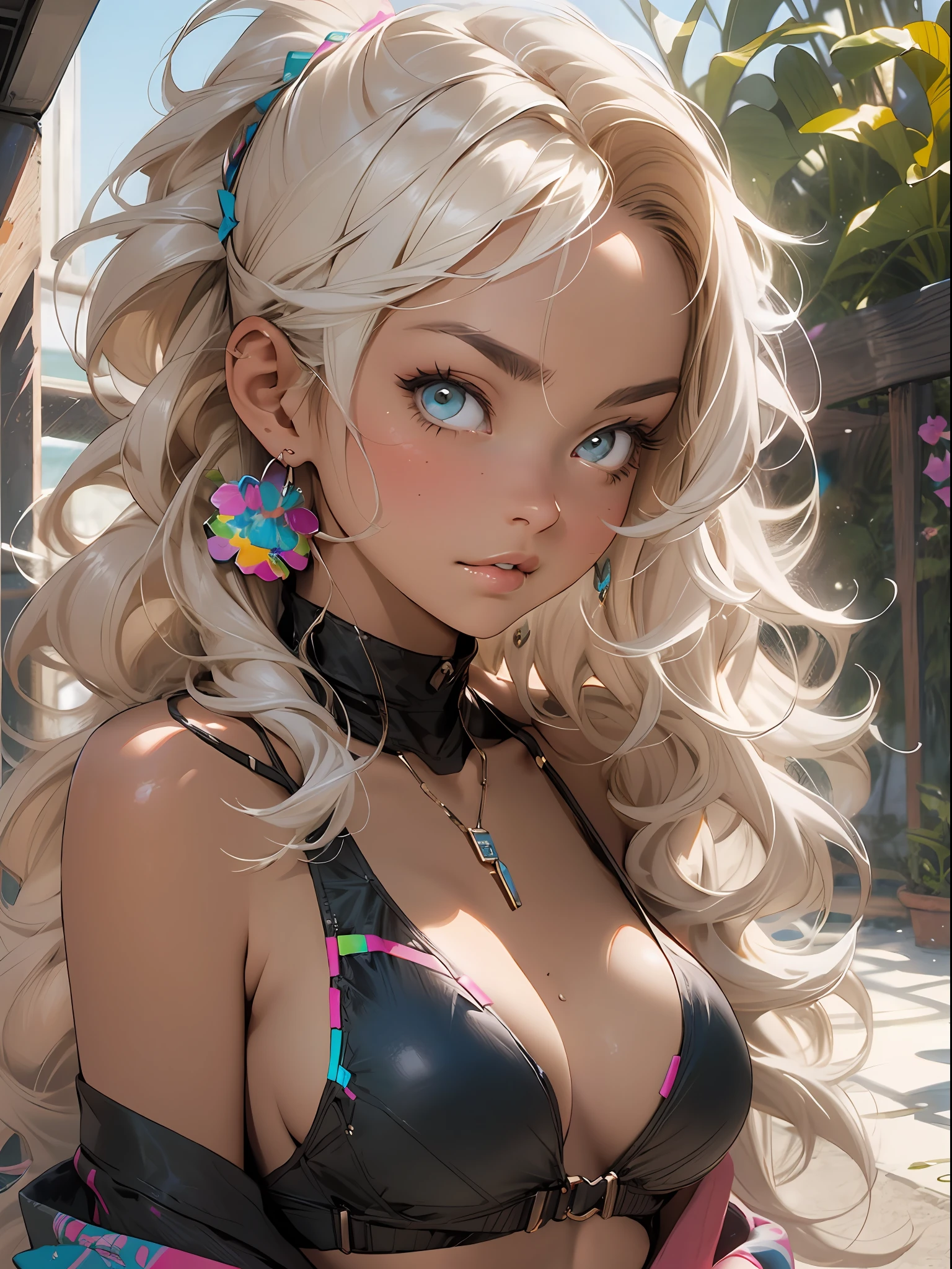 "Create a breathtaking masterpiece with the best quality that showcases a full portrait of a stunning gyaru girl in a bikini, highlighting her tan and beautiful features."