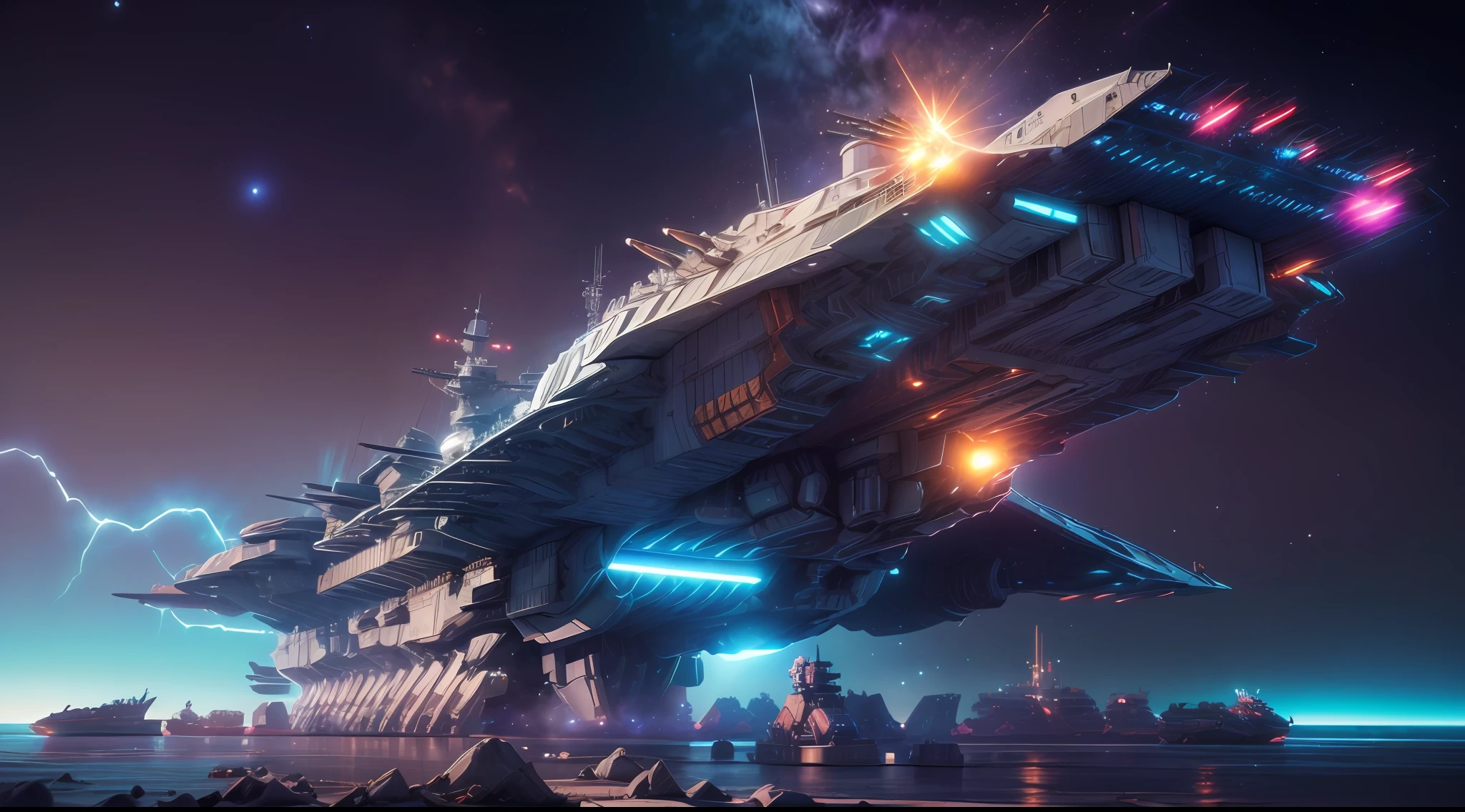 (space art),(low angle view:1.2), in space, A massive aircraft carrier with multiple turrets and streamlined design , small fighter jets,stars,Cyberpunk, Dreamy Glow, Luminous neon lamp, ( Global illumination, raytracing, HDR, unreal render,reasonable design, high detailed, masterpiece, best quality, UHD, Cinematic Lighting), mecha musume