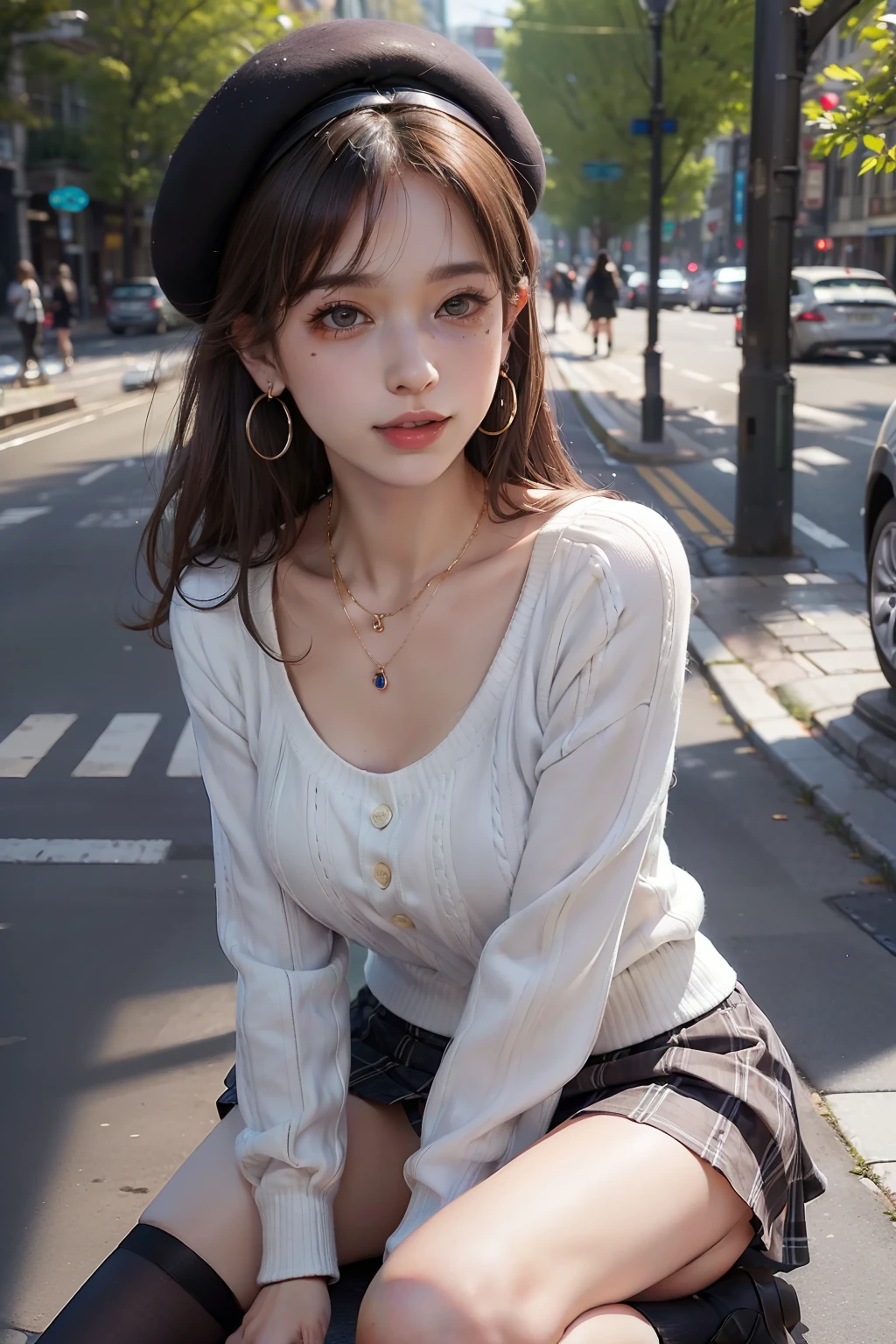 best quality, ultra high res, ultrarealistic, pores, photography, (photorealistic:1.4), a full body photography of a woman on the street wearing a plaid mini skirt, a beret, and a white sweater, necklace, jewelry, ((depth of field, bokeh)), beautiful background, (hoop earrings), blue sky, early morning light, smile, yoshikawa, yoshikawaA, ((moles on breast, moles on neck, moles on face)), knee-socks,