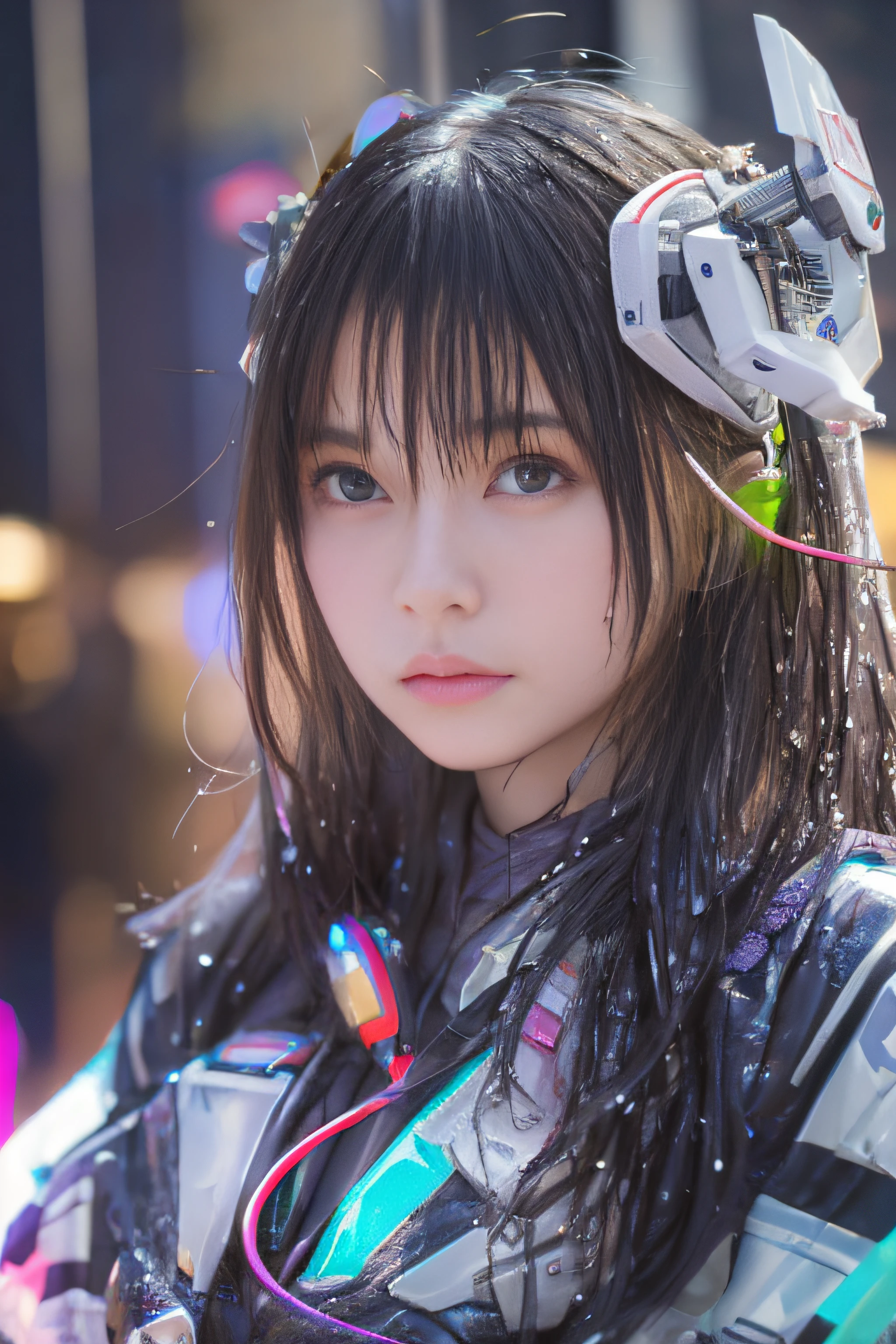 top-quality、masterpiece、超A high resolution、(Photorealsitic:1.4)、Detailed CG image quality、女の子1人、(sad Facial expression:1.4)13years, Black hair、glowy skin、1 Mechanical Girl、((super realistic details))、portlate、globalillumination、Shadow、octan render、8K、ultrasharp、(Small breasts)、Raw skin is exposed in cleavage、(Hard erection:1.4), metals、( looking upwards:1.4), (Wet :1.2), (Robot hand grabs my chest), Details of complex ornaments、Japan details、highly intricate detail、Realistic light、CGSoation Trends、a purple eye、radiant eyes、Facing the camera、neon details、Mechanical limbs、rawhide exposed on the back、mechanical cervical attaching to neck、Running、Wires and cables connecting to the head、Gundam、Small LED lamp、Cyberpunk City, purple color lighting,