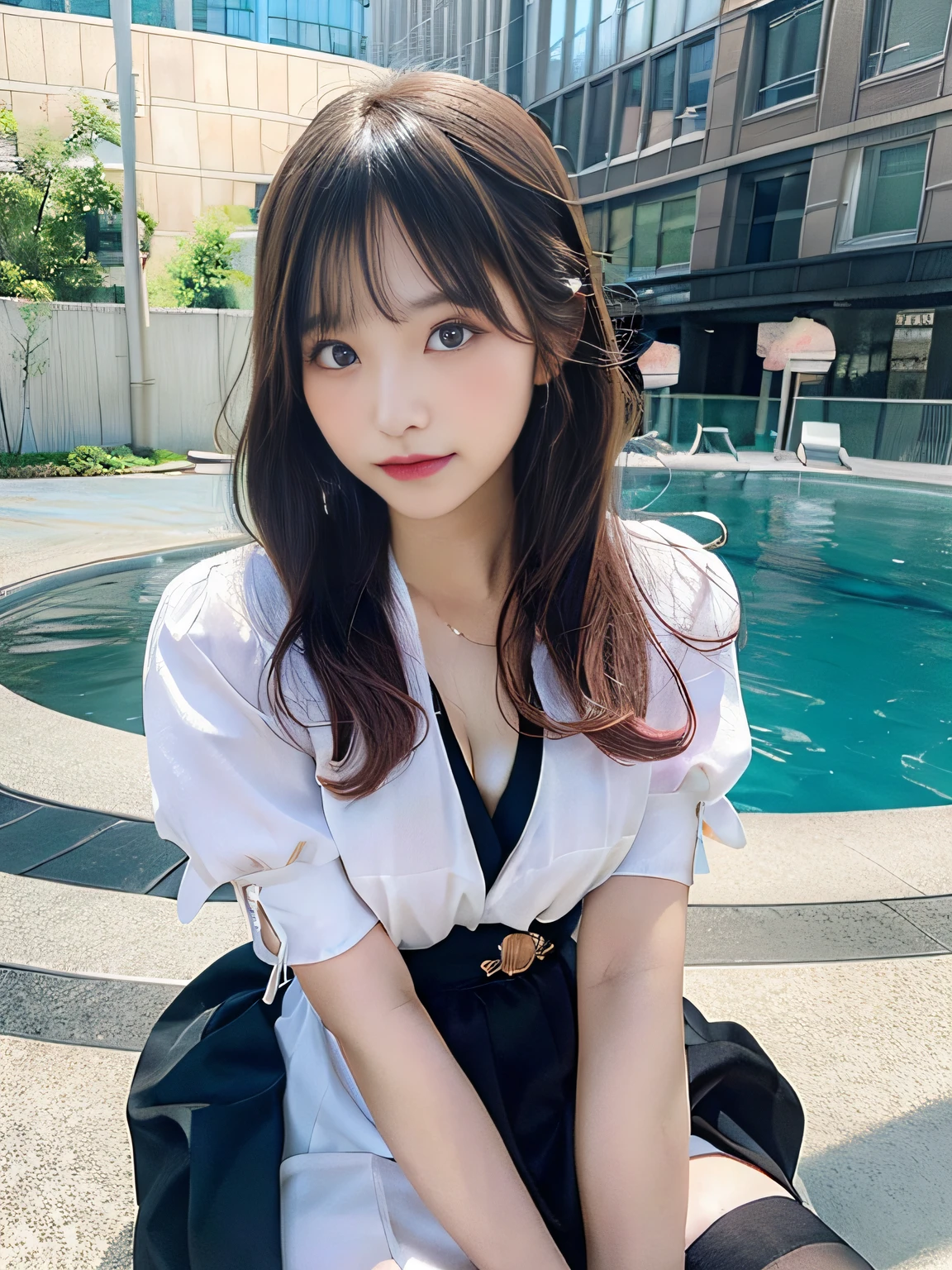 (64k,RAW photos,best qualtiy,masterpiecel1.4),(realisticlying,photograph realistic:1.37),Photos of Japanese girls,Wear a school uniform,naturey(big cleavage breasts:1.25),(small:1.4),looks away,seduct smile,(Kpop idol),messy hair,((Short)),(Pink blush),(illuminating),pool,Sit on the bed,,(独奏),dynamicposes,(erected ),(femele), (puffy eye:1.3), (delicate leg), hdr, highly detailed, Environmental occlusion, Harmonious composition, fine art photography,((Liuhai)),gigantic cleavage breasts,((Shoot from bottom to top)),Long legs,Wearing black stockings,full bodyesbian,Perfect facial expression,((Makeup))