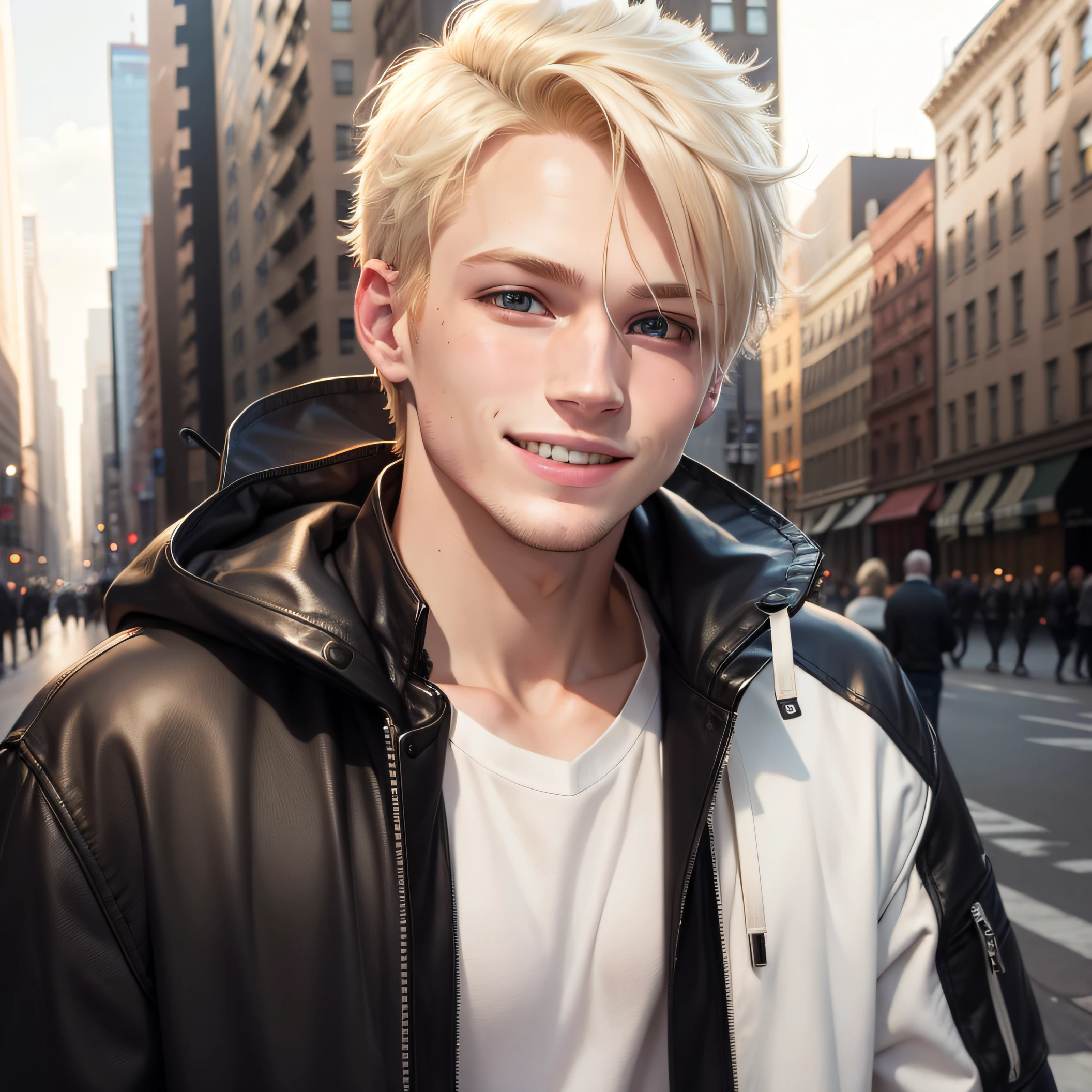 blond man in T short, white short, head shot, looking at the camera, happy smile, big smile, wearing black jacket 20 year old man , single man , in New York , street background, attractive man, attractive male, blond model, all medium blond hair, high res, , handsome male, brown-eyed man, realistic, natural light