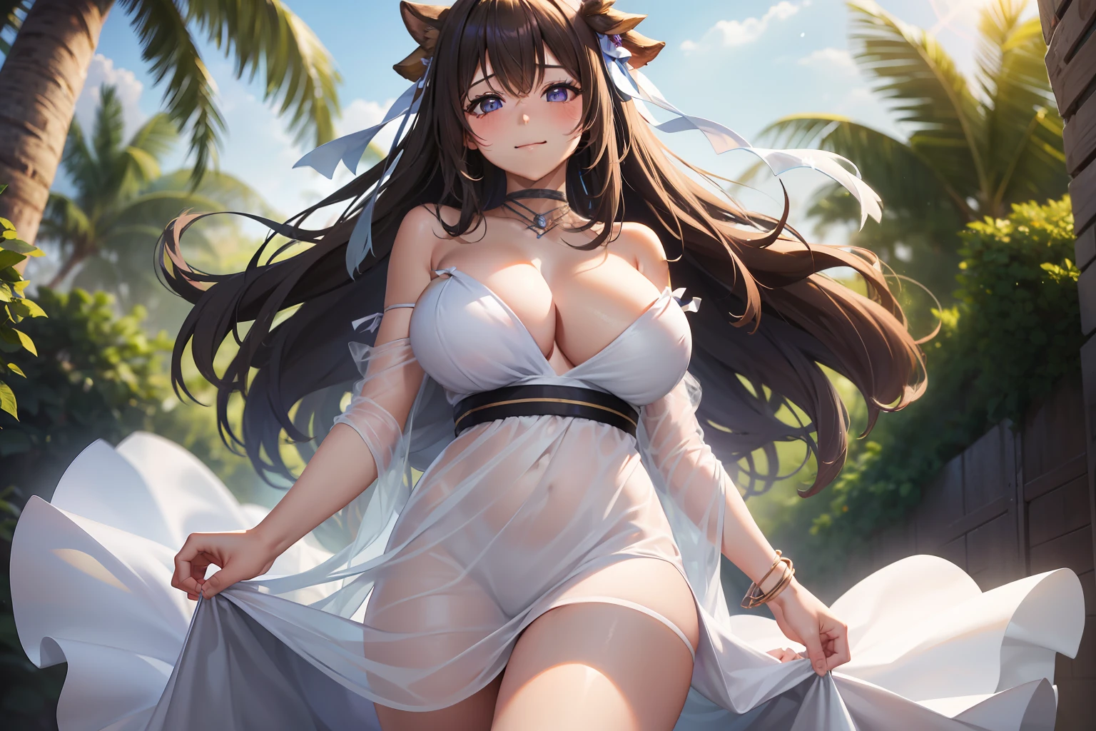 kashino, 1girl,solo,large breasts, long hair, light smile, standing,cowboy shot, sundress, [white dress],strapless dress, bare shoulders, collarbone, closed mouth, blush,sleeveless, bare legs, palm tree, wind,see-through, bare_arms,sunrise, depth of field, outdoors,