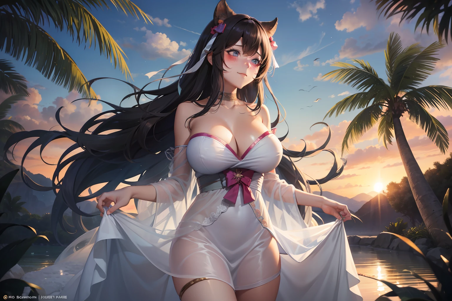 kashino, 1girl,solo,large breasts, long hair, light smile, standing,cowboy shot, sundress, [white dress],strapless dress, bare shoulders, collarbone, closed mouth, blush,sleeveless, bare legs, palm tree, wind,see-through, bare_arms,sunrise, depth of field, outdoors,