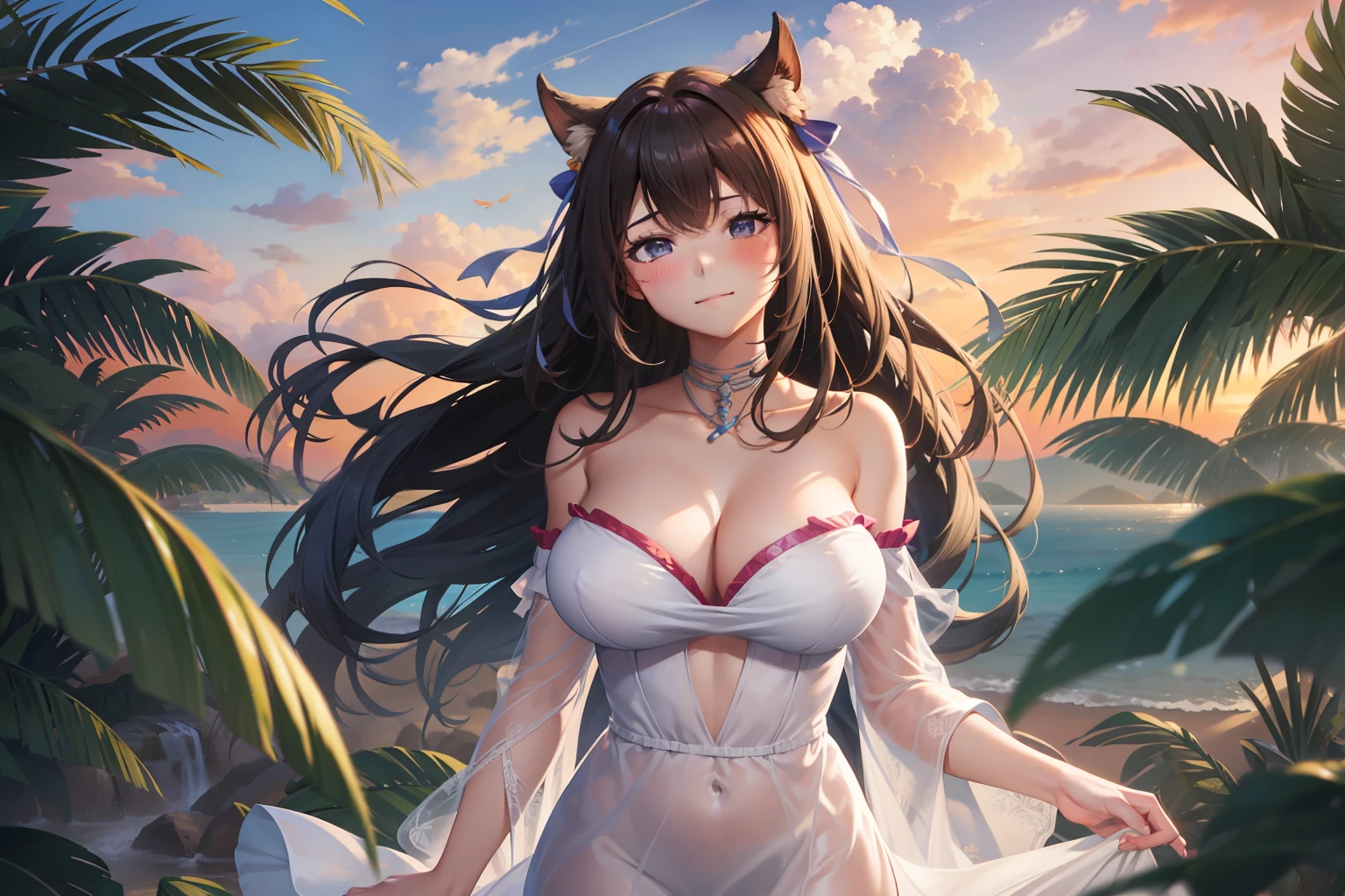 kashino, 1girl,solo,large breasts, long hair, light smile, standing,cowboy shot, sundress, [white dress],strapless dress, bare shoulders, collarbone, closed mouth, blush,sleeveless, bare legs, palm tree, wind,see-through, bare_arms,sunrise, depth of field, outdoors,
