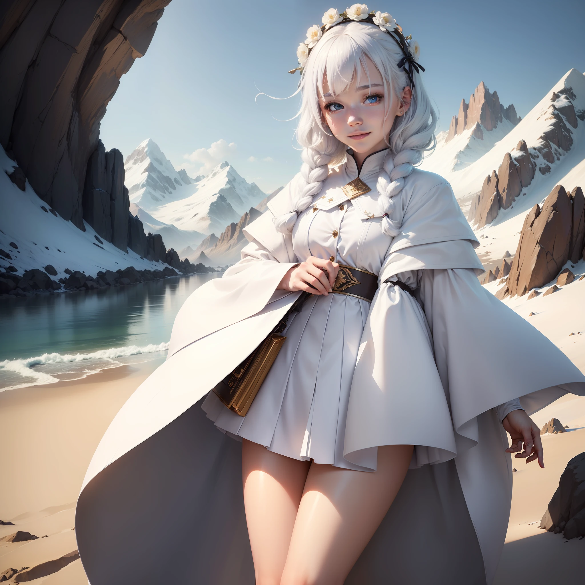 ((Best Picture Quality, 8k, tmasterpiece:1.3)), 1girl, Young men:Costume 1.3, (white color hair:1.2), Mountains are connected to mountains:1.1, Ultra-fine face, A detailed eye, 二重まぶた,ssmile,Home