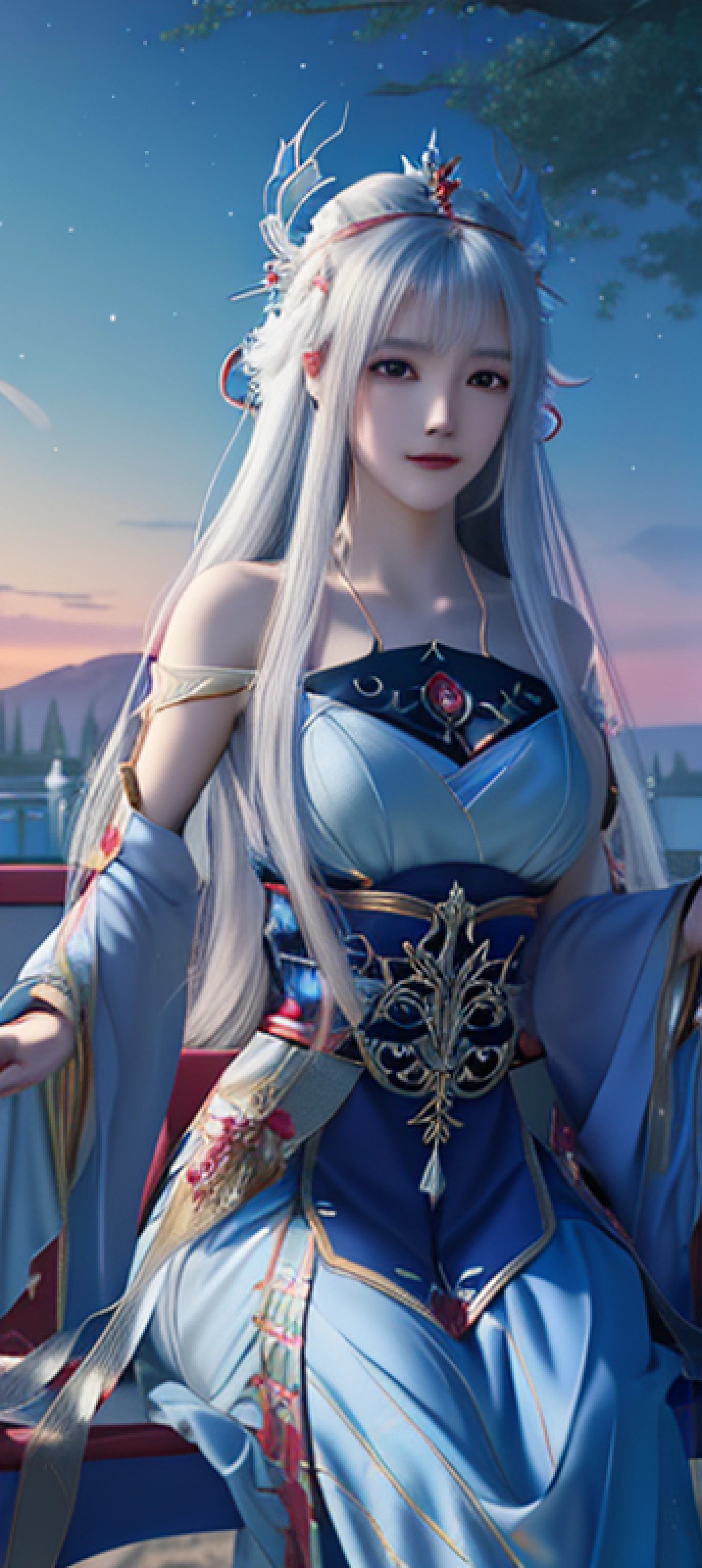 a close up of a woman in a red dress sitting on a bench, Anime goddess, Palace ， A girl in Hanfu, a beautiful fantasy empress, 2. 5 D CGI anime fantasy artwork, Beautiful character painting, beautiful and seductive anime woman, beautiful fantasy anime, Guviz-style artwork, Fantasy art style, Beautiful anime woman，Short white hair，