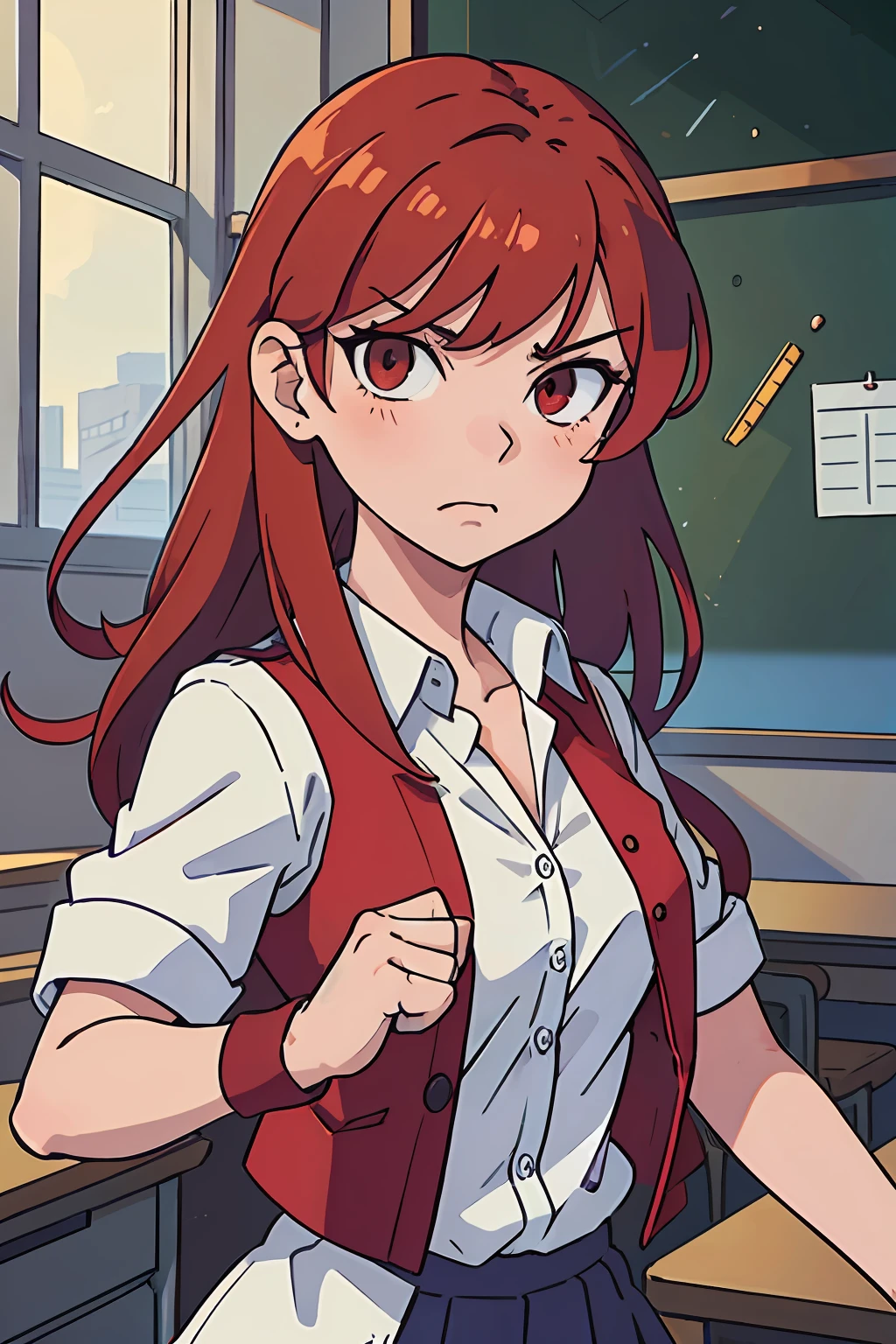(best-quality:0.8), (best-quality:0.8), perfect anime illustration, attractive woman, cracking her knuckles, looking at viewer with an angry look, red hair, red eyes, unbuttoned school uniform, indoors, school