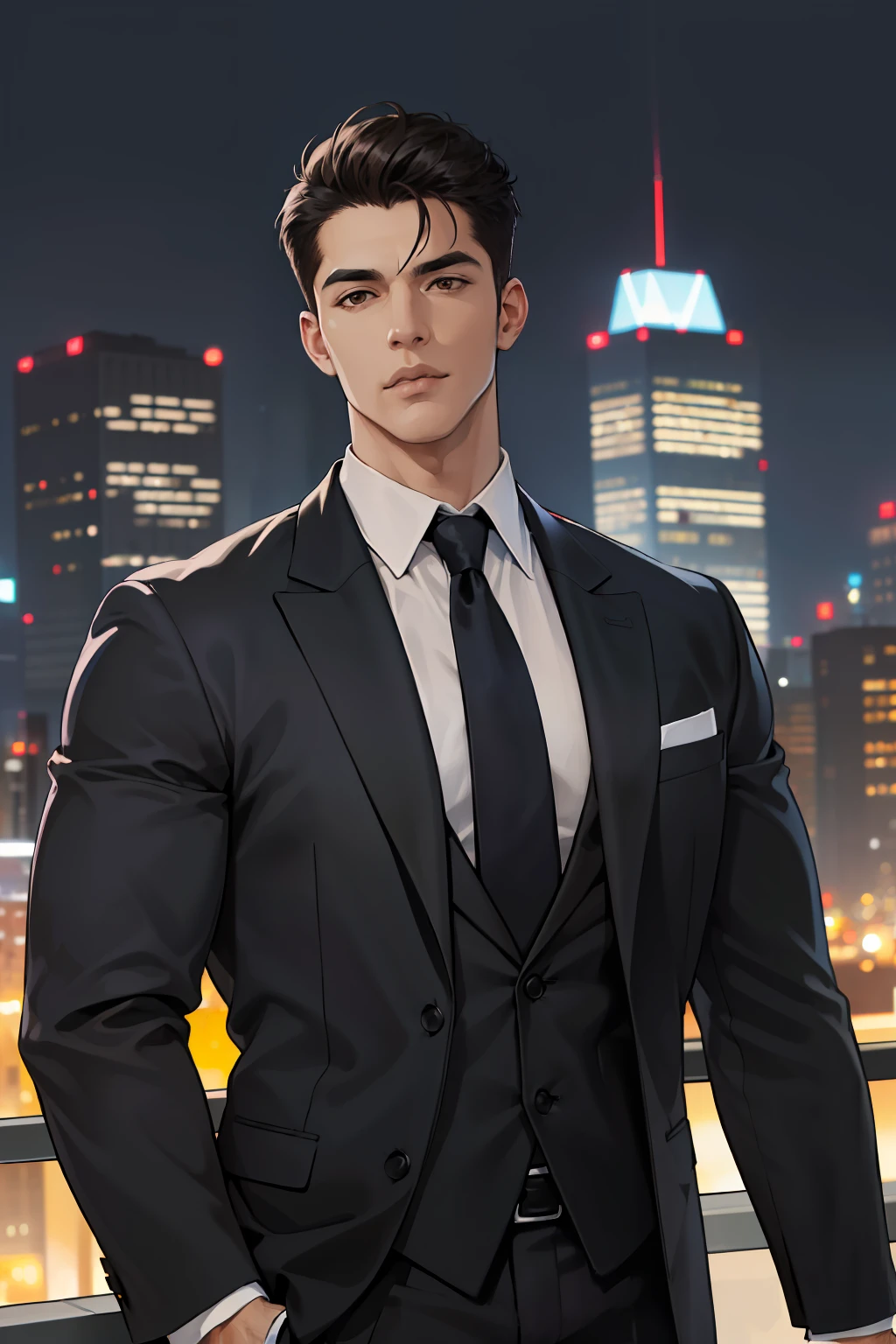 (absurdres, highres, ultra detailed, realistic, ), 1 male, solo, adult, mature, tall muscular guy, broad shoulders, handsome, very short hair, black hair, brown eyes, angular jaw, thick neck, thick eyebrows, night, dark, the night view of the city background, formal suit, necktie, upper body