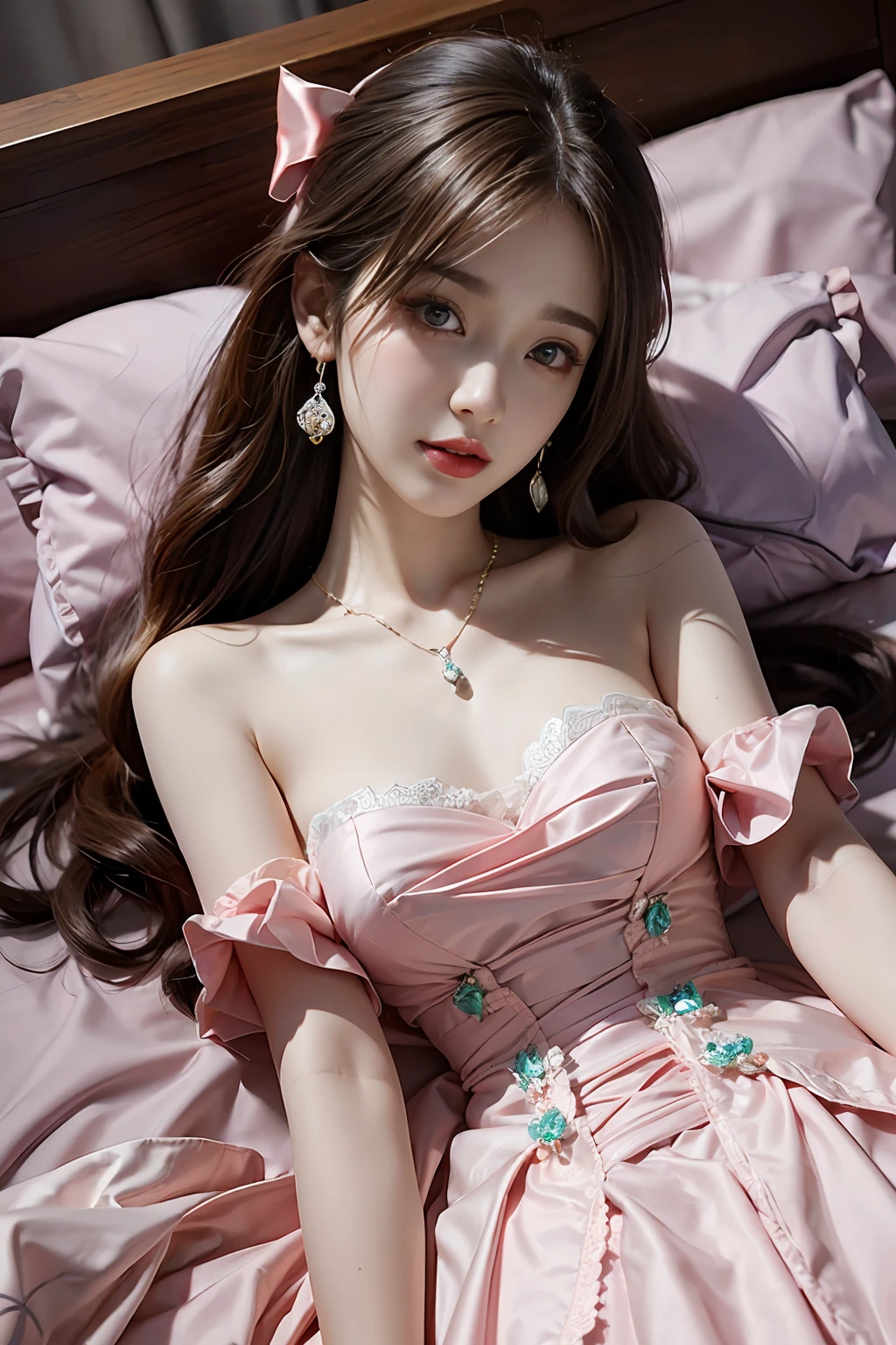 ((Realistic lighting, top quality, 8K, Masterpiece: 1.3)), Clear Focus: 1.2, 1Woman, Perfect Beauty: 1.4, Yushuxin, 1Girl, Dress, Solo, Brunette, Jewelry, Long Hair, Earrings, Bow, Pink Dress, Wood, Nature, Outdoor, Bare Shoulder, Airless Gainsboro, Long Dress, Hair Bow, Forest, Pink Bow,Strapless, Standing, Necklace, Head Tilt, Chapped Lips, Wavy Hair, Strapless Dress,Lace Sleeves, cetin dress,close-up woman in pink dress posing for photo,beautiful virgin,beautiful korean woman, beautiful princess, cute elegant pose, bell delphine, wearing pink dress, beautiful fantasy maiden, anime princess, beautiful seductive anime woman,beautiful asian girl, attractive anime girl, elegant glamorous cosplay,(lying on bed:1.8),(beautiful orb-articulated doll:1.3),luxurious princess dress