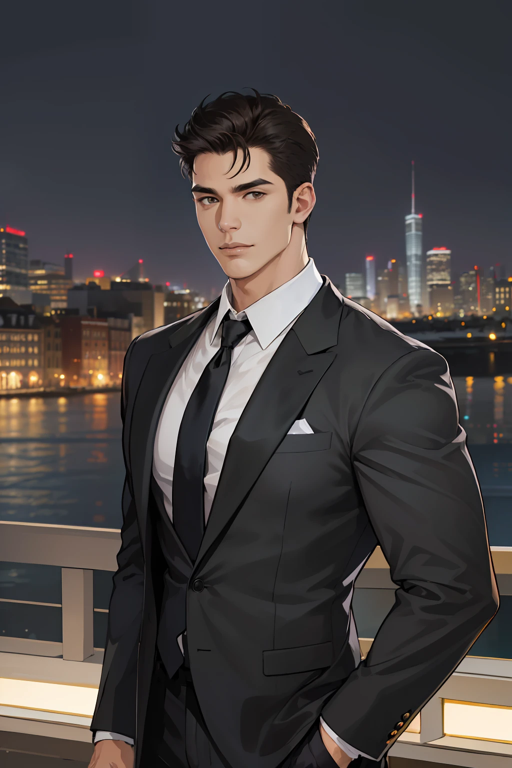 (absurdres, highres, ultra detailed, realistic, ), 1 male, solo, adult, mature, tall muscular guy, broad shoulders, handsome, very short hair, black hair, brown eyes, angular jaw, thick neck, thick eyebrows, night, dark, the night view of the city background, formal suit, necktie, upper body