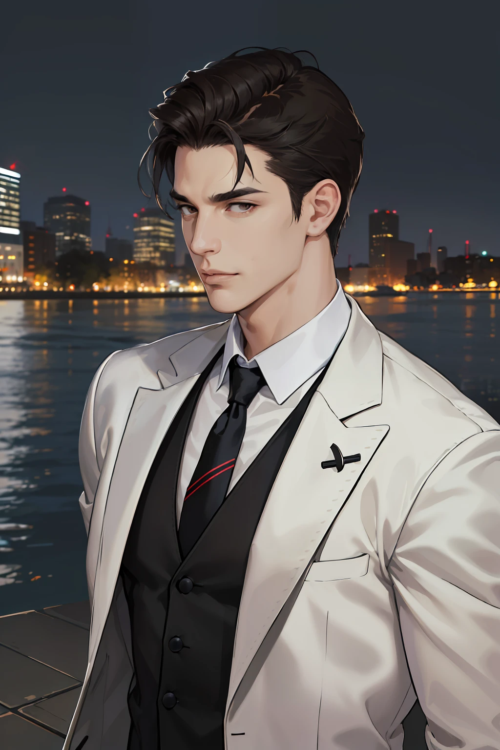 (absurdres, highres, ultra detailed, realistic, ), 1 male, solo, adult, mature, tall muscular guy, broad shoulders, handsome, very short hair, black hair, brown eyes, angular jaw, thick neck, thick eyebrows, night, dark, the night view of the city background, formal suit, necktie, upper body