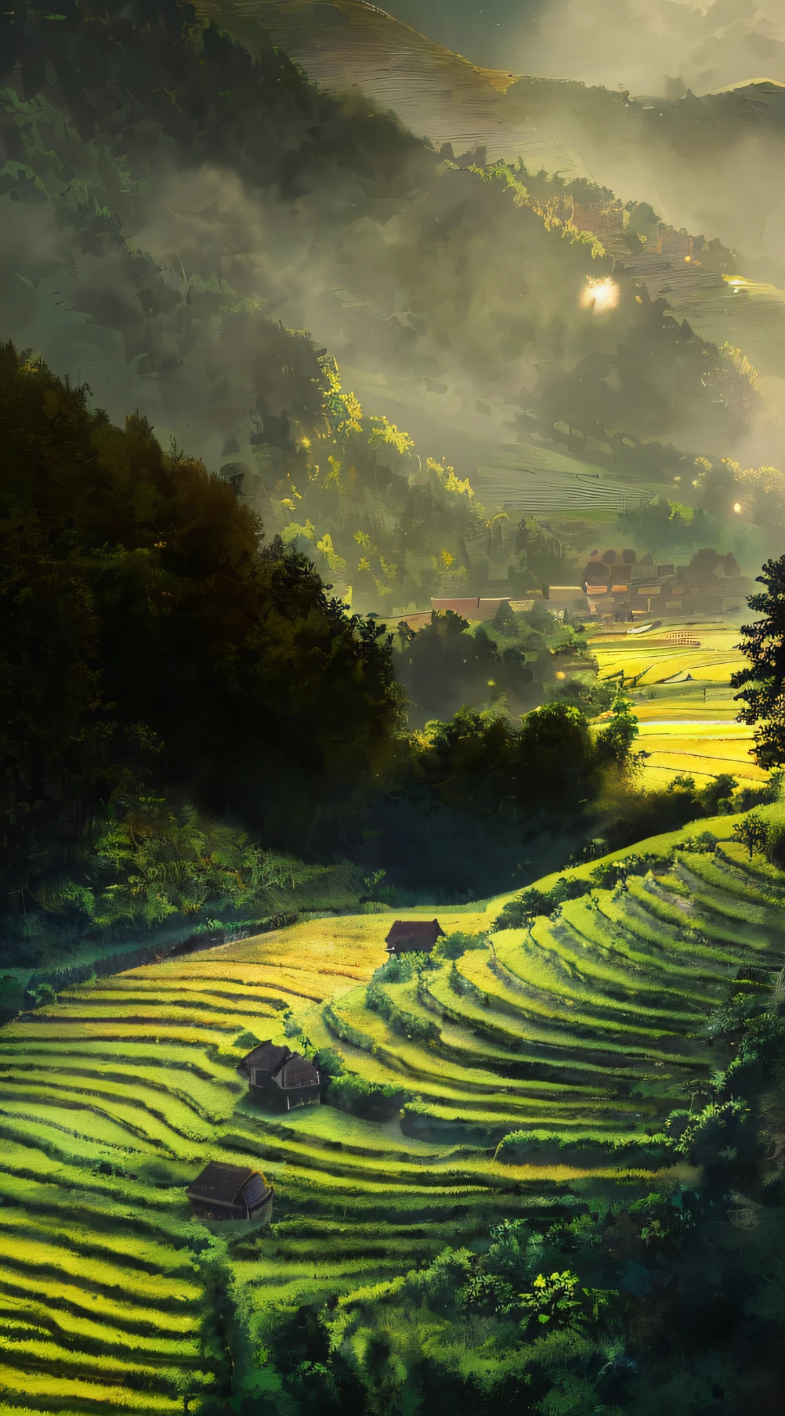 Large expanses of terraced fields, mountains, huts, with rice fields, rice fields, neat rice seedlings in the fields, misty rain, villages, agriculture, in the tranquil landscape, misty weather, in the vast tranquil landscape, in the early morning, in the morning mist, behind a small village, mist, Japanese countryside, thatched roofs --v 6