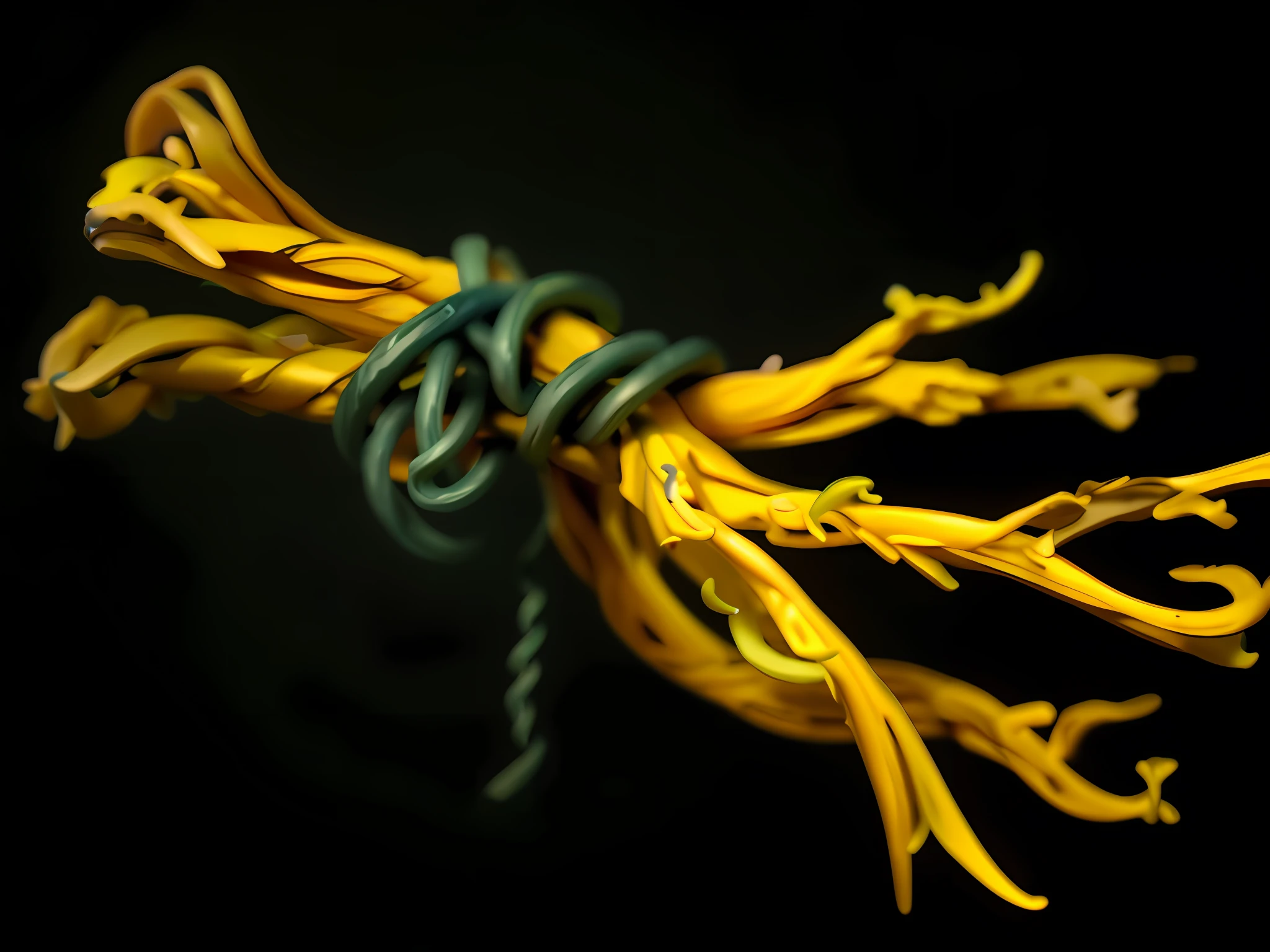masterpiece, best quality, 8K, clear without artifacts, realistic, close-up of branches tiered to green leather ropes, hard miscellaneous withered branches, vines, entanglement, abstract clay, twisted and withered vines, twisted seaweed, yellow twisted, composed of random, yellow vines, twisted vines, tendrils, whips, Hastur, entanglement, magnification, rendering