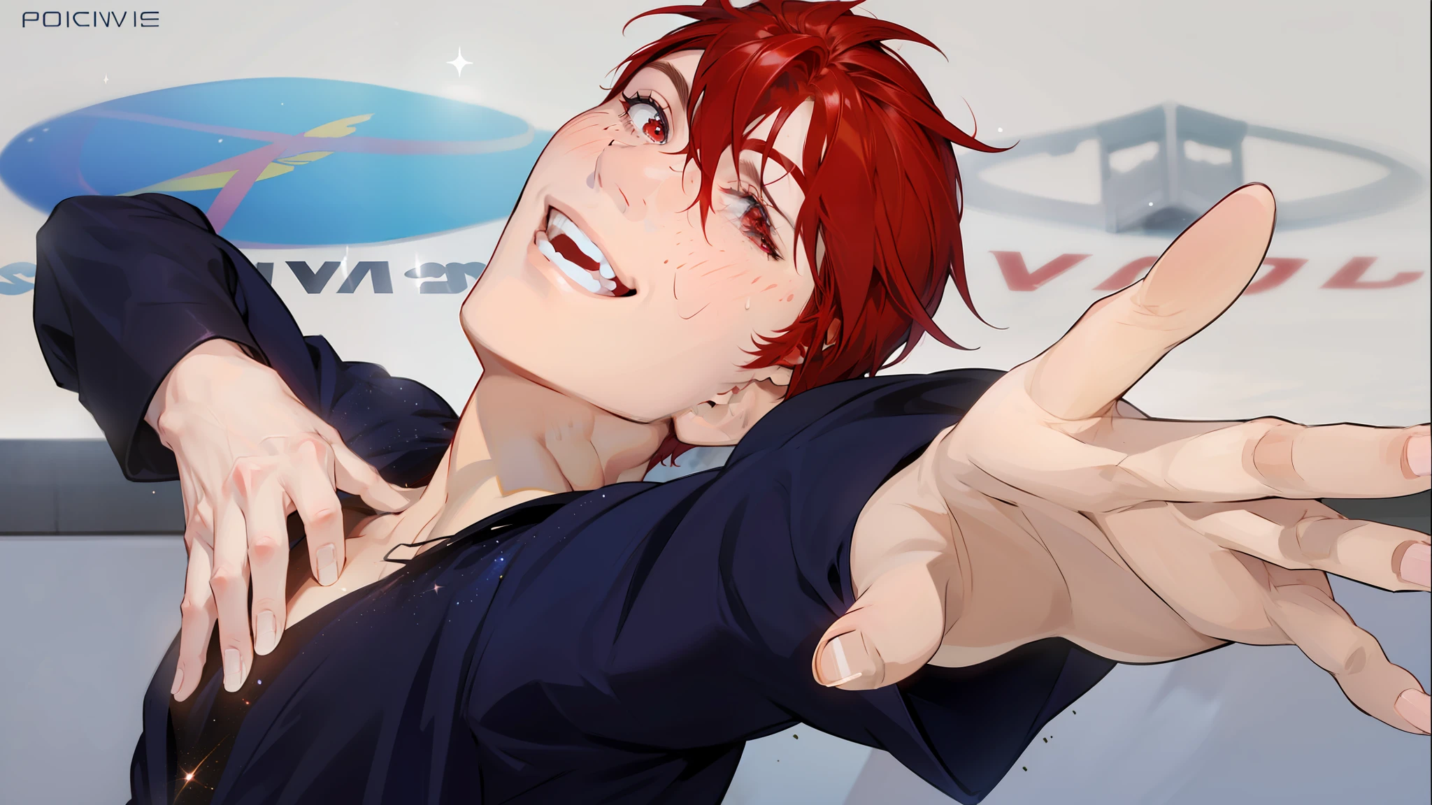 Handsome man, red hair. Red eyes No eyelashes male balls smiling and smiling on the rink posing beautiful behind the rink glittering dress slightly sweaty happy shining reach out hand pose handsome glittering clothes elegant to shine