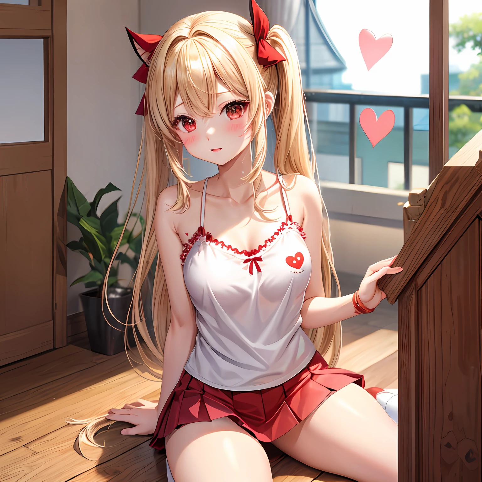 a blond、red eyes、One pretty girl、独奏、animesque、White camisole、a miniskirt、red blush、heart mark、poneyTail