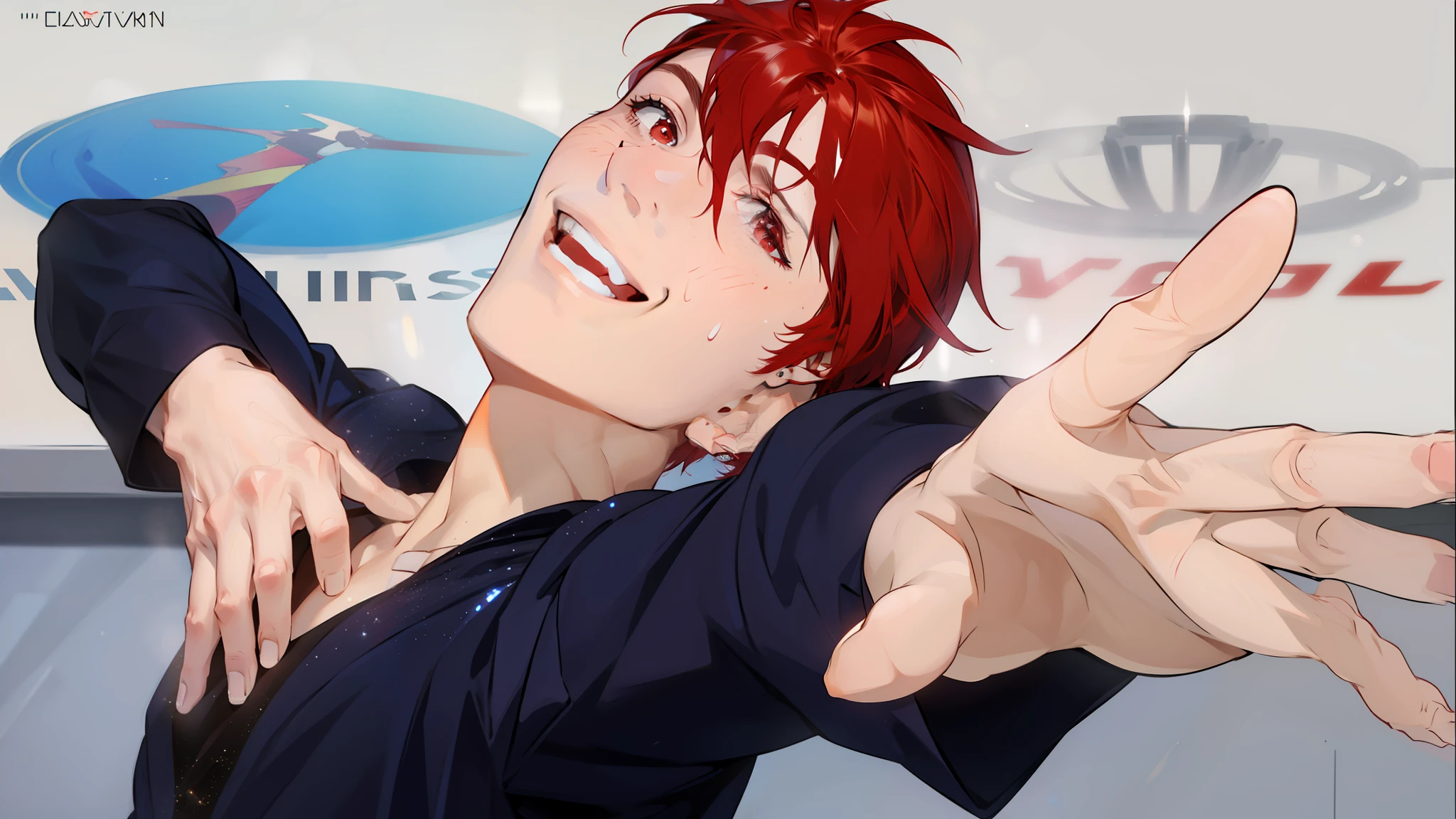 Handsome man, red hair. Red eyes No eyelashes male balls smiling and smiling on the rink posing beautiful behind the rink glittering dress slightly sweaty happy shining reach out hand pose handsome glittering clothes elegant to shine