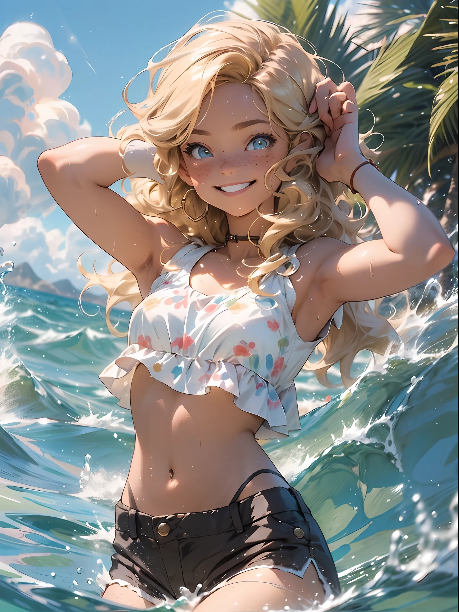 (best quality, masterpiece), 1girl, paw pose, smile, laughing, ocean, crop top, shorts, blonde, freckles, blush, looking at viewer, wavy hair, cloud, splashing, waves, sun, mountain, wet