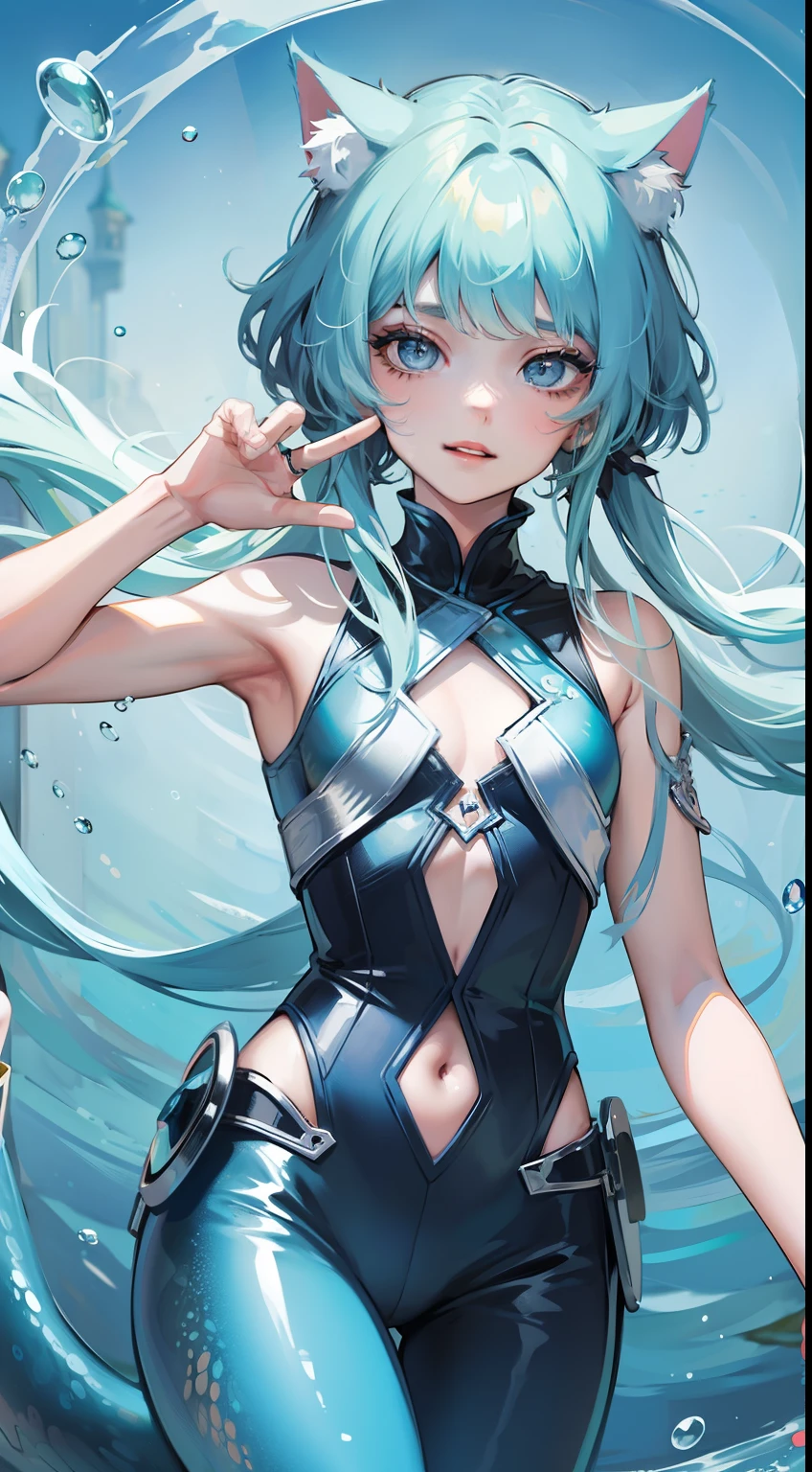 young boy, Long aquamarine hair, cat ears, blue eyes, ssmile, open body, mermaid, Masterpiece, hiquality