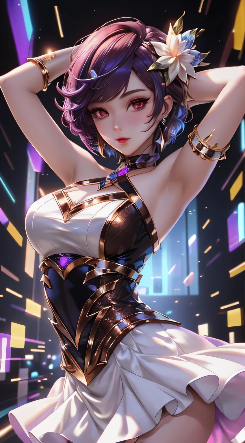 best quality, 1girl, solo, breasts, looking at viewer, kda, upper body, multicolored hair bobbles, short hair, white dress, brown eyes, GlassSteelAI ,detailed,