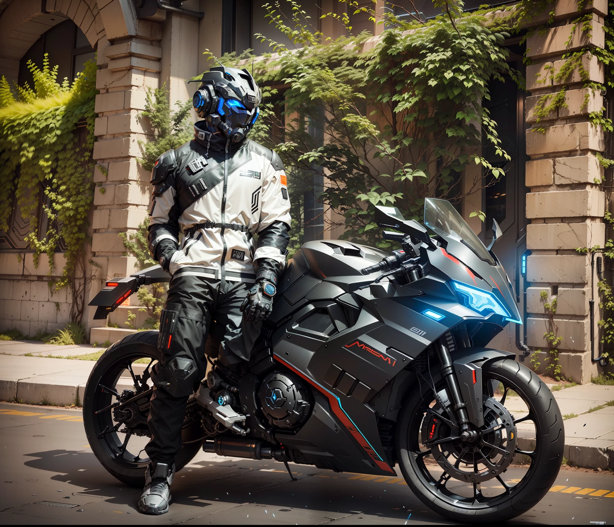 Handsome cyberpunk mech warrior，Black cyberpunk mech costume，High-tech black full enveloping helmet，Biomechanicals， MSHN Robot Man，High-tech helmet，hyper realisitc， Steel， Complex design， insanely details， finely detailled， Extremely clear lines， cinmatic lighting， photograph realistic， A detailed masterpiece