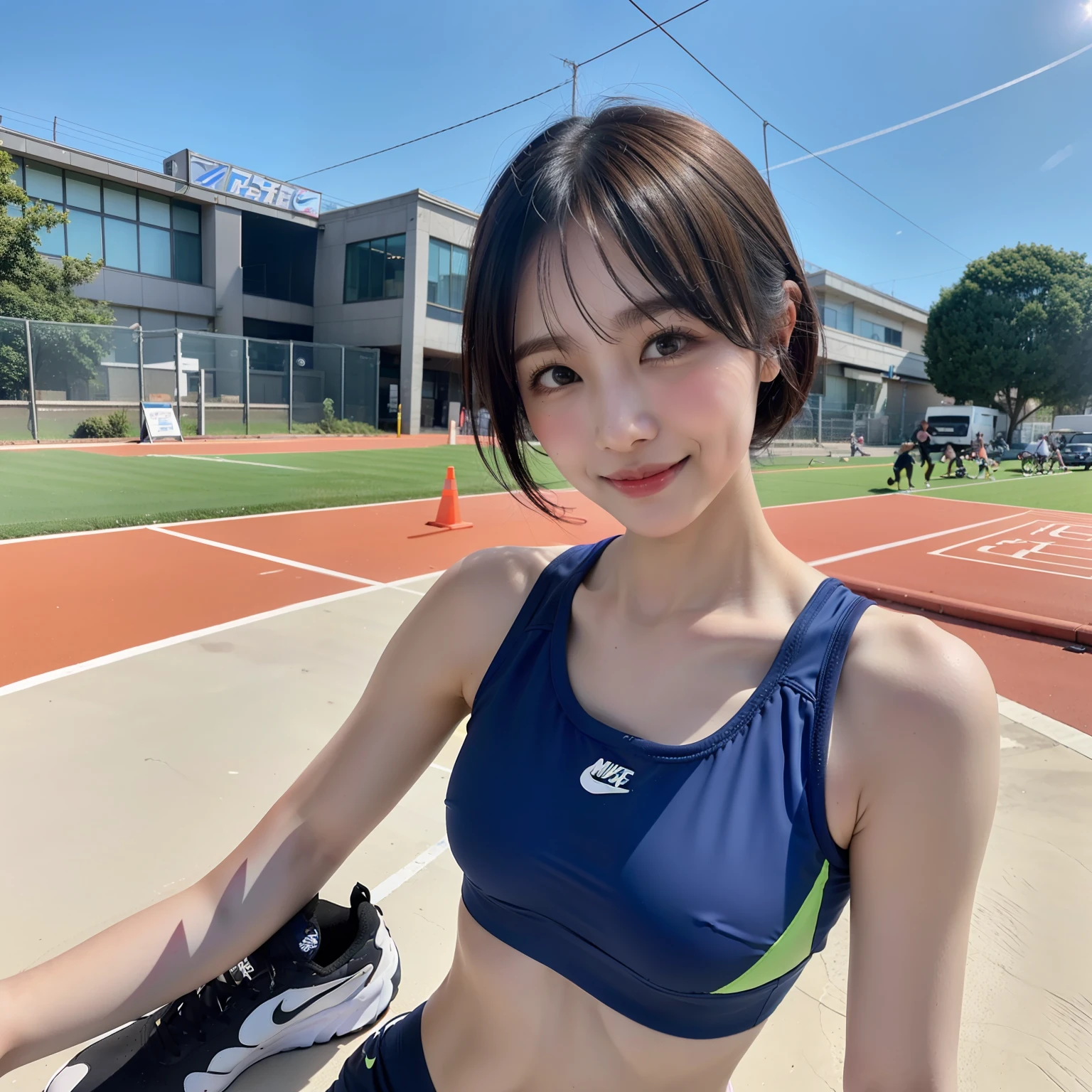 (8k, RAW photo, best quality, masterpiece: 1.2), (realistic, photorealistic: 1.37), 1 athlete girl, Japan, 20s,, blue sky, professional lighting, photon mapping, sports feald, ripped, bule see-through and very small nike sports bra, tip sticking out, areola protruding, Lots of lashes, no make up, sports shoes, short hair, bristles on the lower abdomen, slender, crotch open, are small and seem to spill out of the bra, smily face,