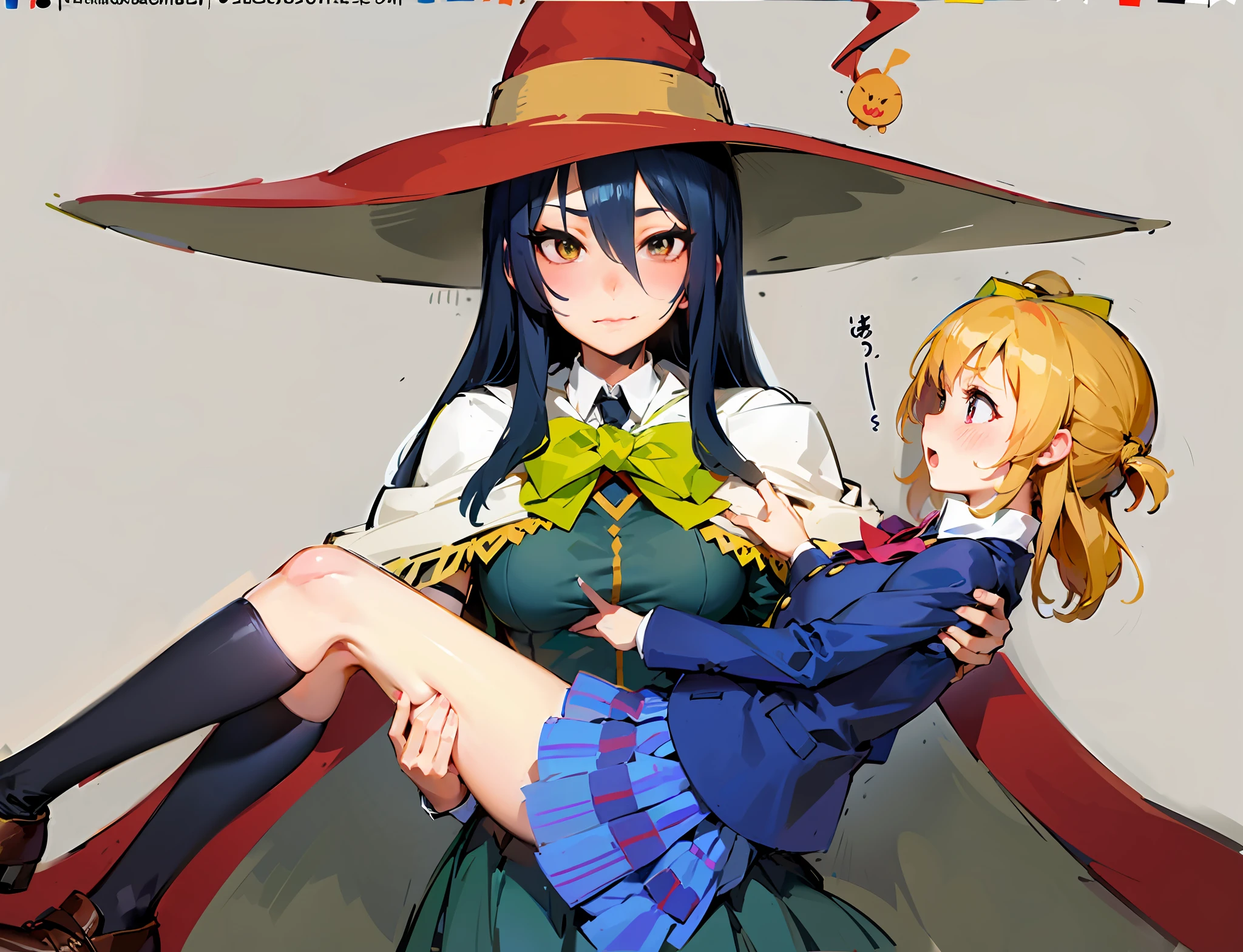 Anime girl in witch costume holding girl in witch costume, witch academia, flirty anime witch casting magic, half invoker half megumin, kirisame marisa, by Kamisaka Sekka, Megumin, from cryptid academia, けもの, by Kamagurka, zerochan, tsukasa dokite