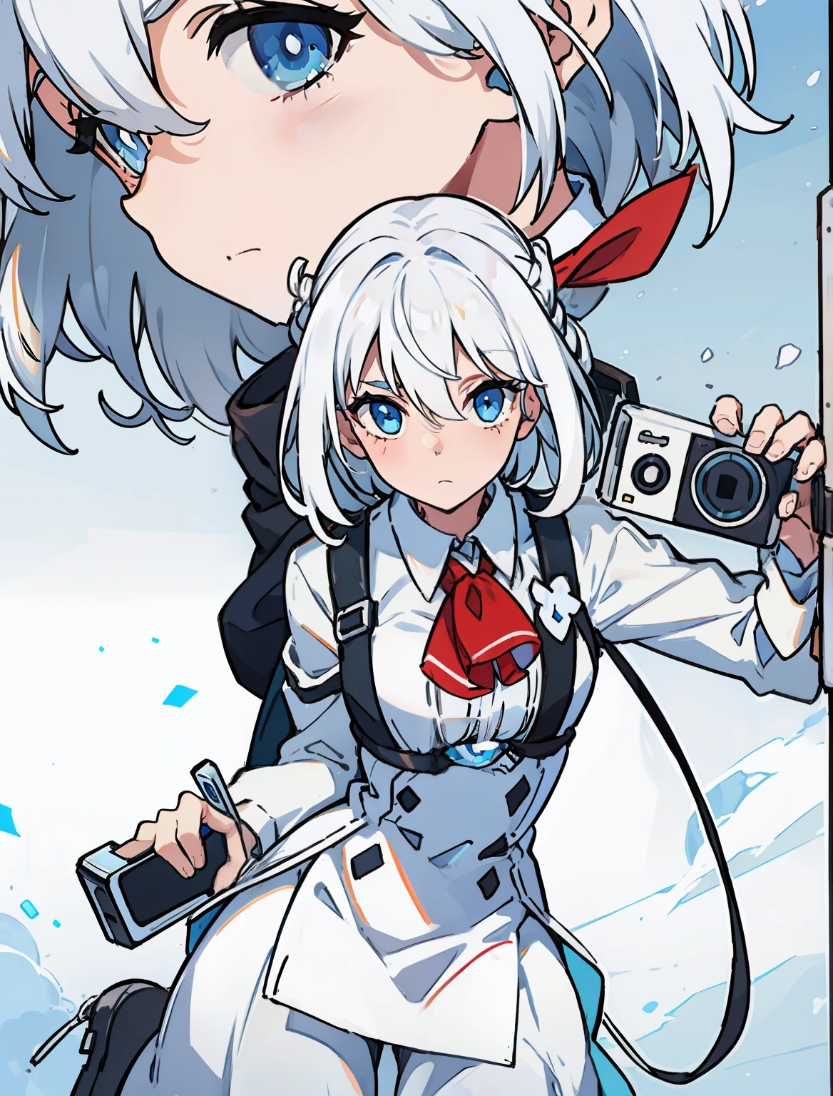 White hair and blue eyes holding a mobile phone