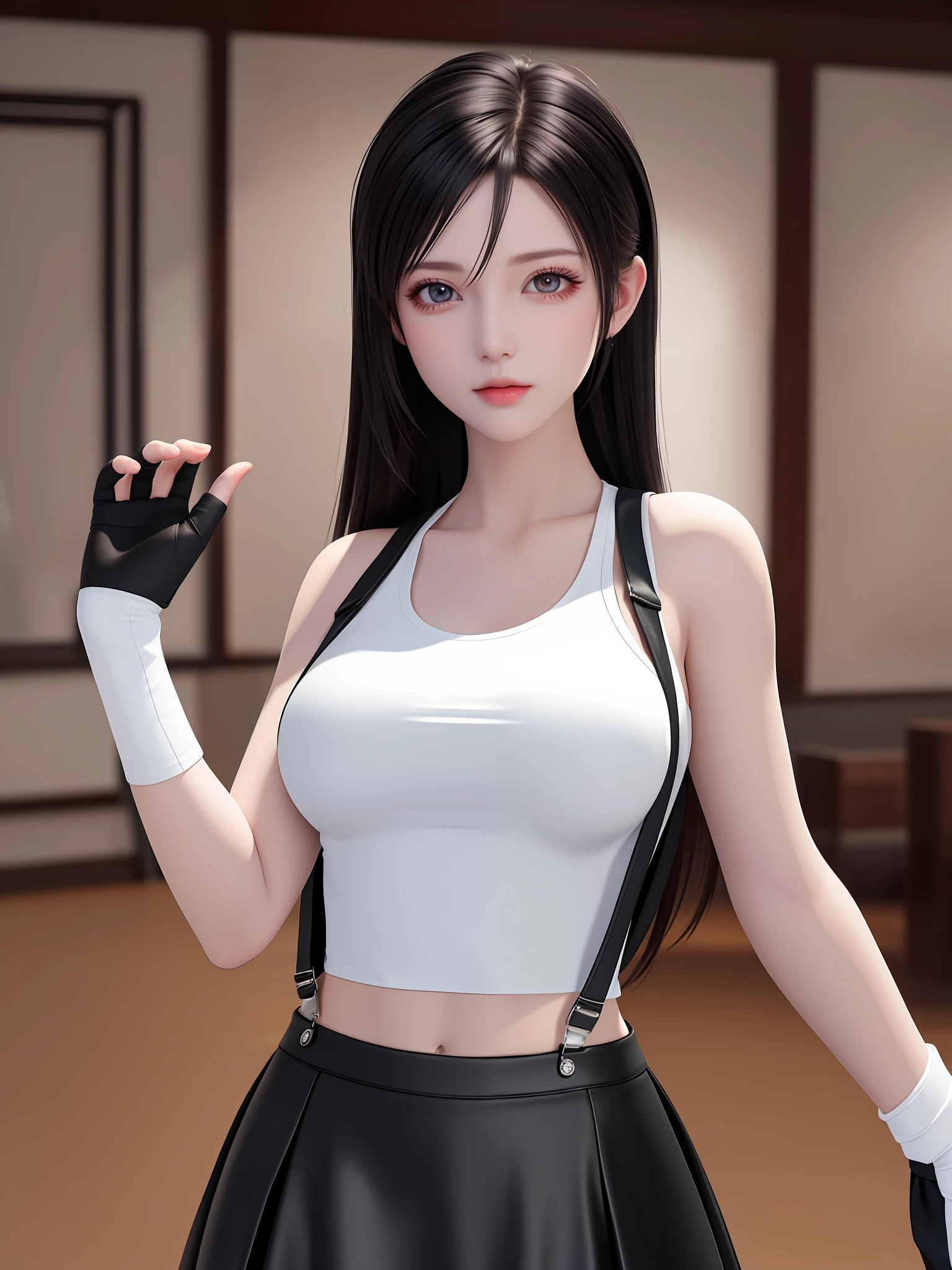 8k,masterpiece, bset quality,big, (1 girl), tifa lockhart, red_eyes, black hair, long hair, professional lighting, (shiny skin: 1.2), shiny big, ((best quality)), sharp focus: 1.2, highly detailed face and skin texture, detailed eyes, perfect face, perfect body, blur art, cg, backgroundBig breasts, presence (20yo, mature cool and beautiful face), wearing (((suspender black skirt), black elbow gloves, white taut shirt, thigh, white tank top), blush, (mittgal), random pose, flirting,