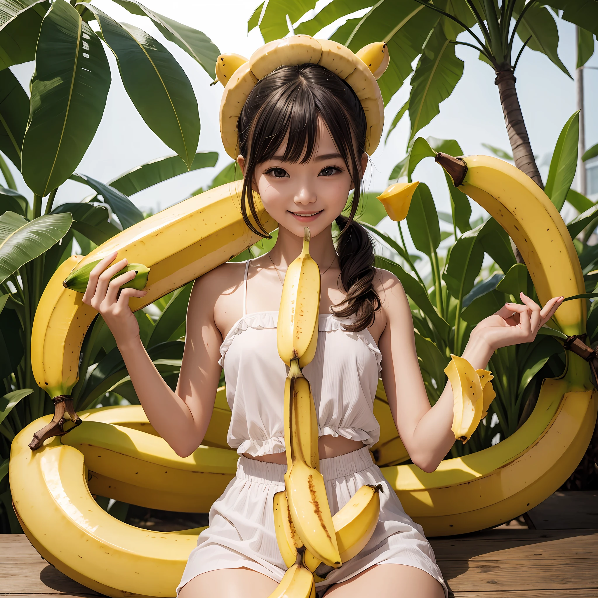 ​masterpiece、top-quality、realisitic、Photorealsitic、Banana-themed paradise、Teenage Japan woman in cute costume with banana motif、Banana Accessories、eating banana、Surrounded by lots of bananas、Banana plantation、Bright décor、A smile、Joy、dynamic ungle、动态照明