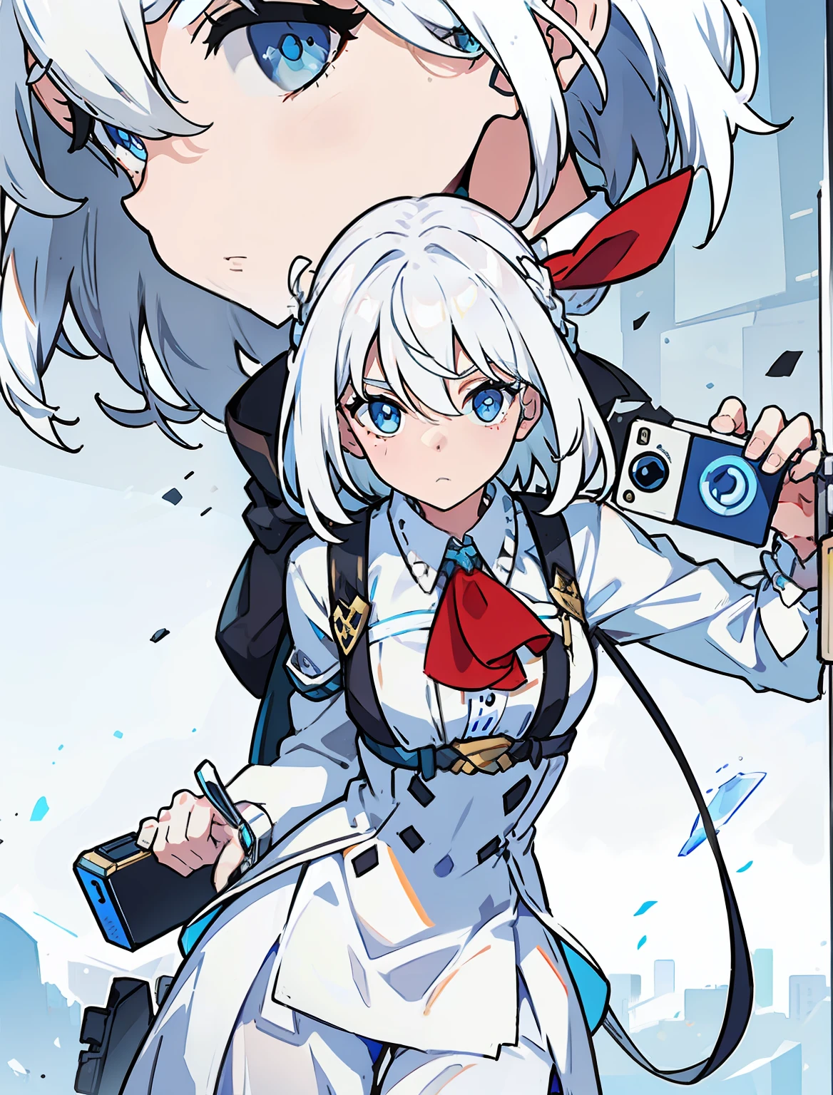 White hair and blue eyes holding a mobile phone