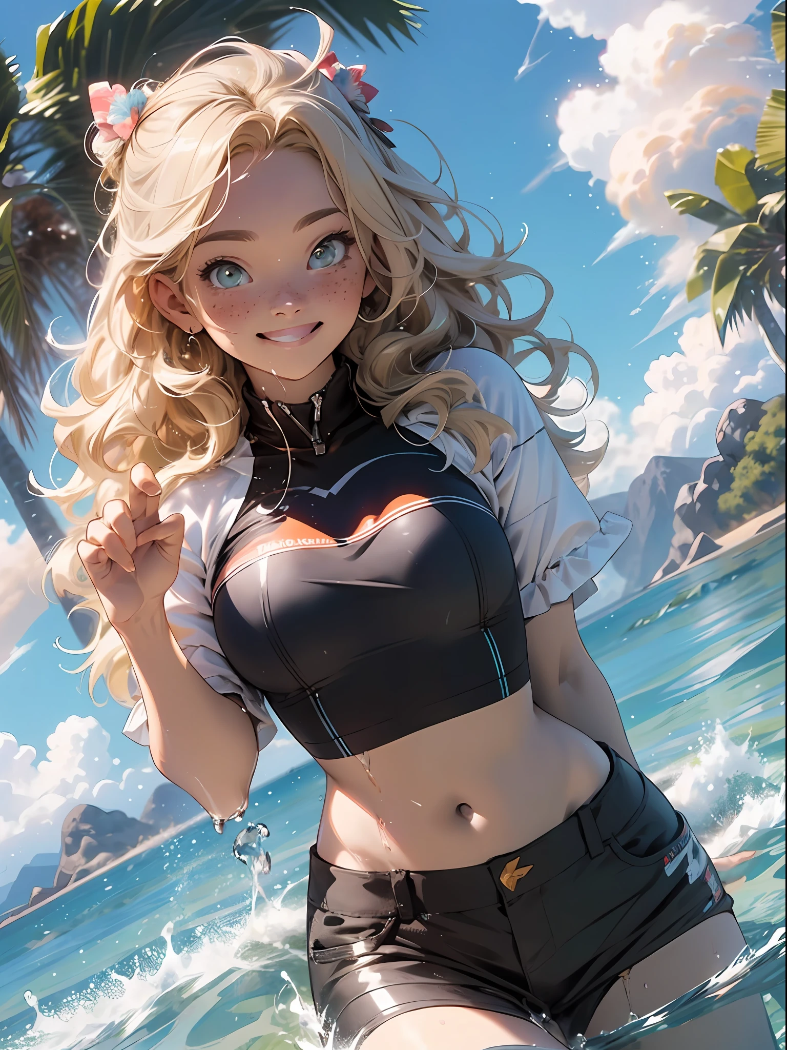 (best quality, masterpiece), 1girl, paw pose, smile, laughing, ocean, crop top, shorts, blonde, freckles, blush, looking at viewer, wavy hair, cloud, splashing, waves, sun, mountain, wet