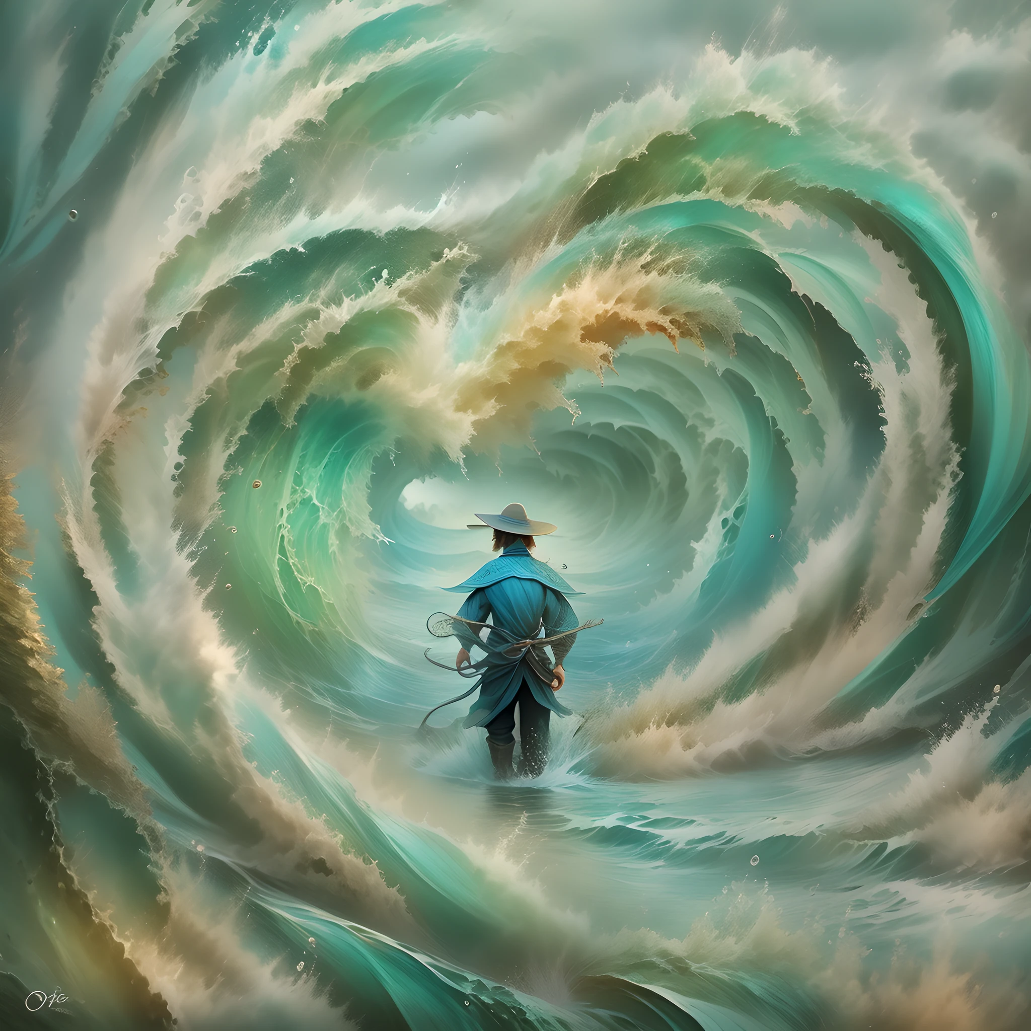 1 hombre separando las aguas, surrealista ondas abstractas variaciones de ondas nivel de ojos clima tormentoso poco profundo poco profundo