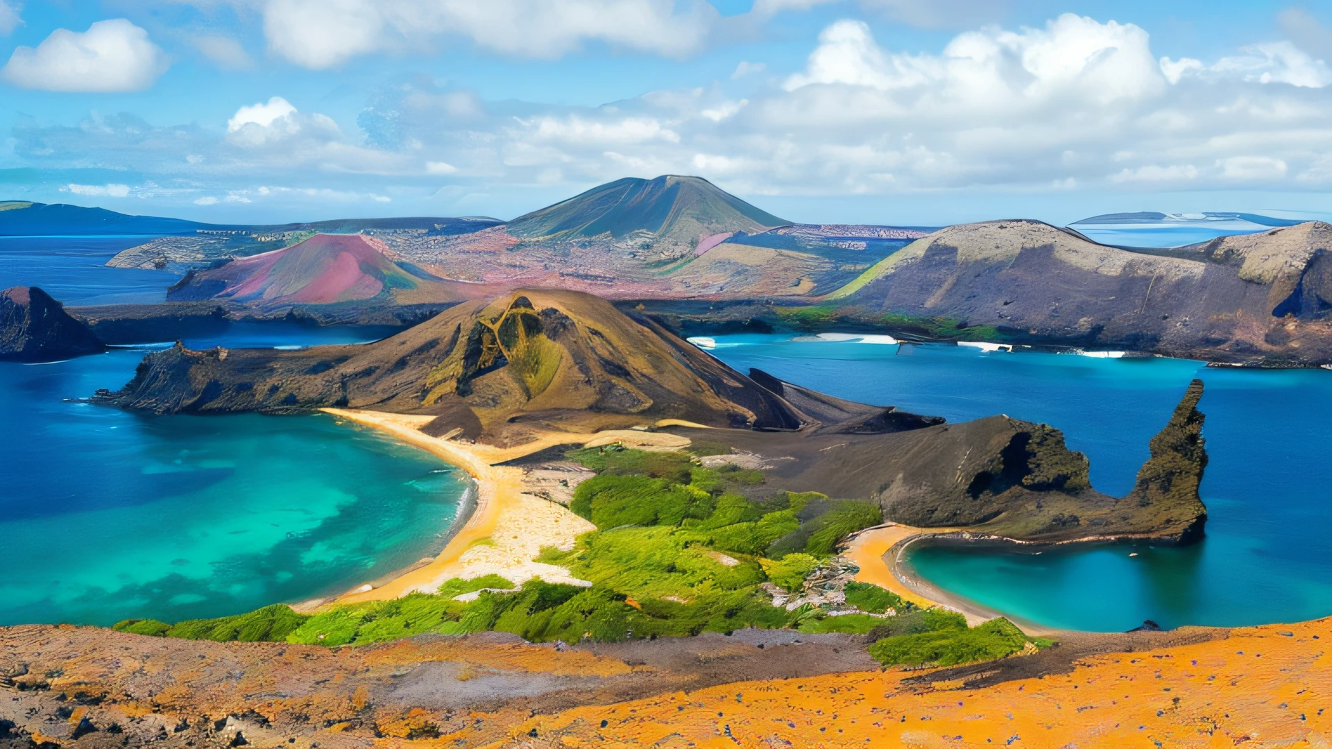 a view of a beach with a body of water and mountains, volcano landscape, mountains and ocean, paradise in the background, volcanic landscape, island landscape, azores, extraordinary colorful landscape, tropical location, travel, hills and ocean, magnificent background, tropical climate, interesting background, craters, epic and stunning, breathtaking scenery, tropical landscape, vibrant vivid colors
