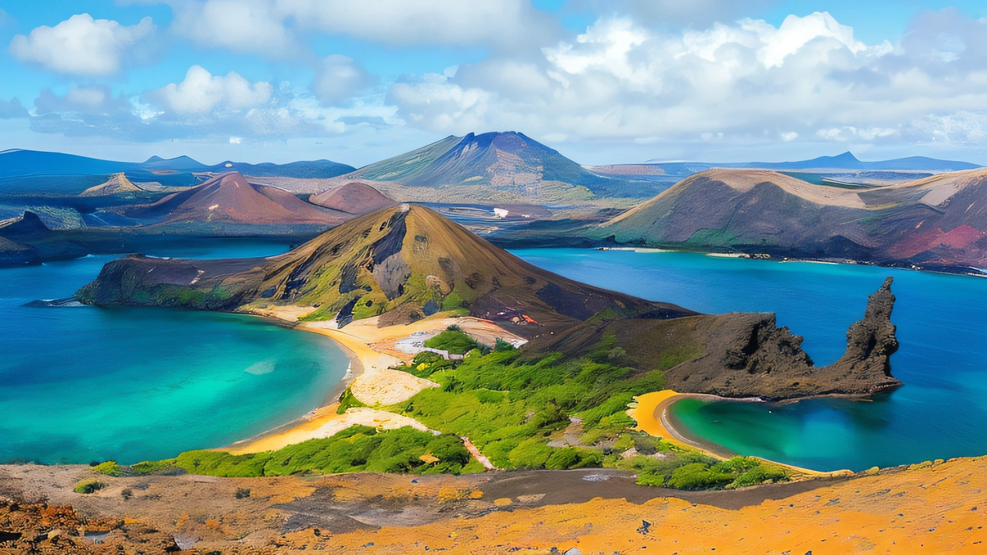 a view of a beach with a body of water and mountains, volcano landscape, mountains and ocean, paradise in the background, volcanic landscape, island landscape, azores, extraordinary colorful landscape, tropical location, travel, hills and ocean, magnificent background, tropical climate, interesting background, craters, epic and stunning, breathtaking scenery, tropical landscape, vibrant vivid colors