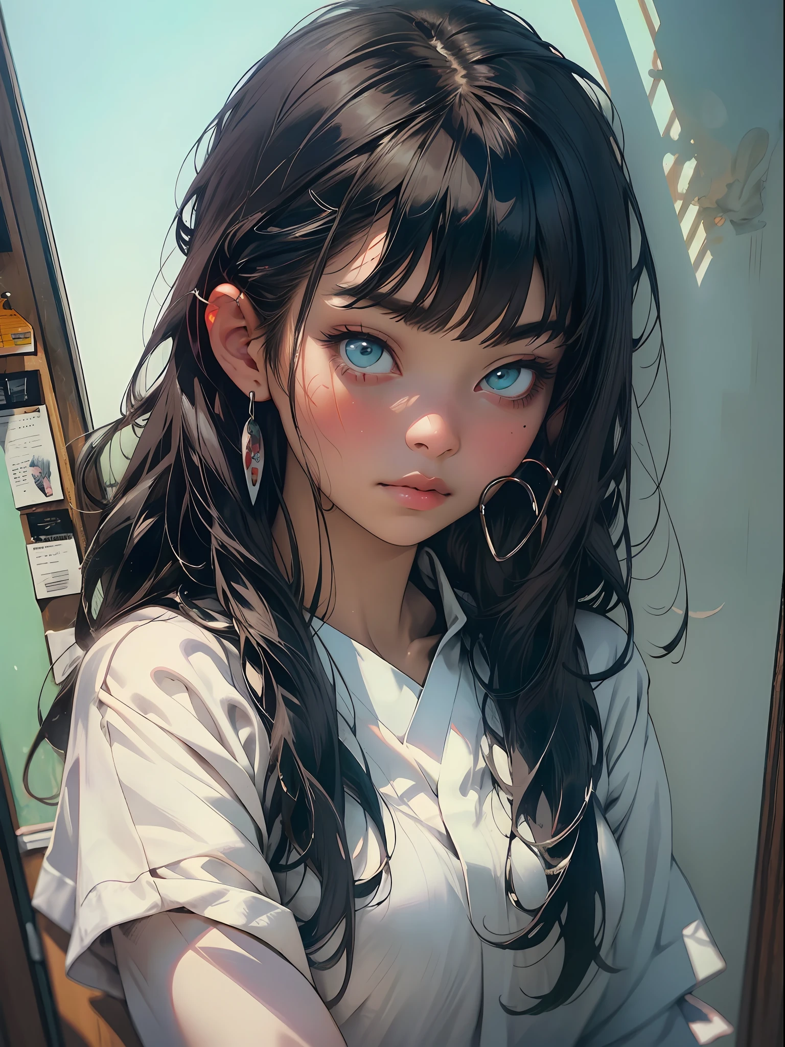 masterpiece, best quality, (dark photo:1.3), photorealistic, 1girl, flat bangs, stunning innocent symmetry face, shirt, emotional, ulzzang, (PureErosFace_V1:0.7), japeneseteacher