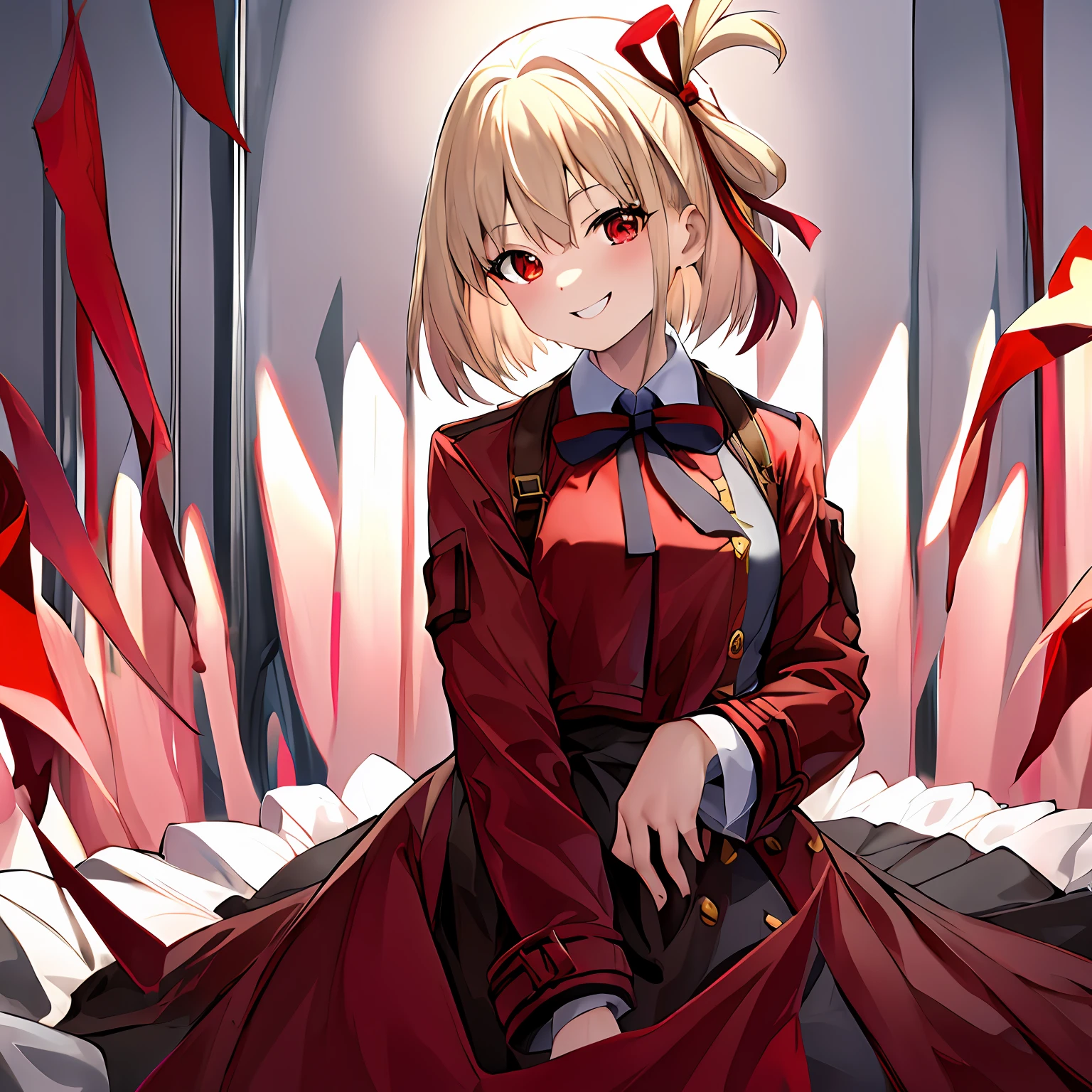 hightquality、top-quality、​masterpiece、absurderes、Red jacket、bow ribbon、Akame、platinum-blonde、bobhair、Hair Ribbon、A smile、女の子1人、ripped clothing、Pieces of cloth