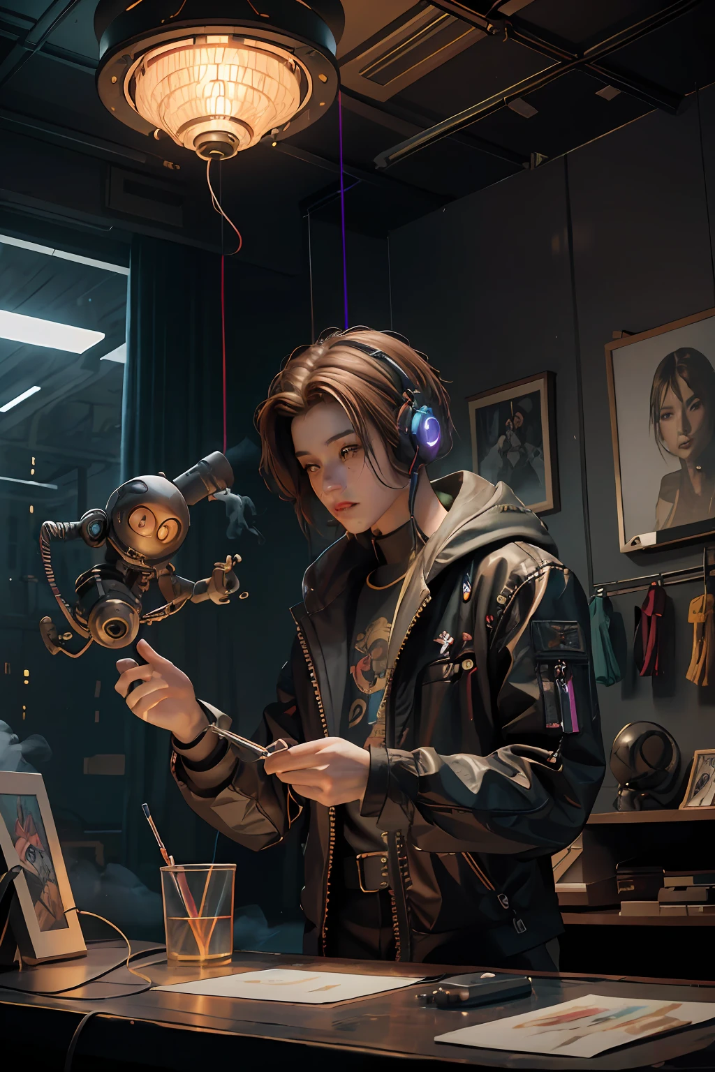 (Masterpiece, Best Quality, High Resolution, Absurd, Detailed: 1.2), Humanoid, Robot, Wearing Headphones, Looking Away, (Cyberpunk, Art Canvas, Brush, Easel, Rainbow Colors, Holographic: 1.6), Male, (Cable, Wire, Flame, Fire, Smoke, Overheating, Explosion, Indoor, Room, Simple Background) detailed,face detailed, perfect fingers, perfect texture,