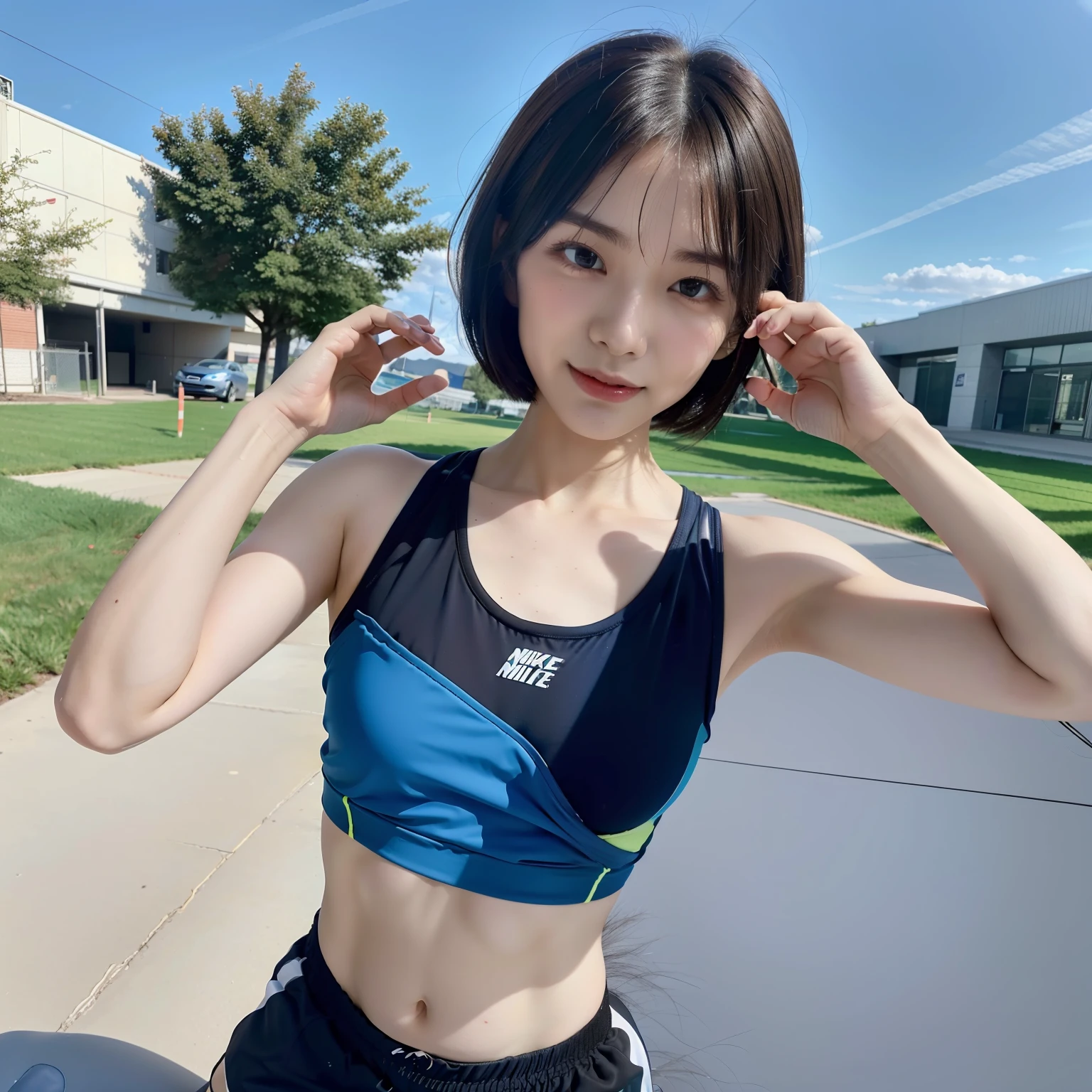 (8k, RAW photo, best quality, masterpiece: 1.2), (realistic, photorealistic: 1.37), 1 athlete girl, Japan, 20s,, blue sky, professional lighting, photon mapping, sports feald, ripped, bule see-through and very small nike sports bra, tip sticking out, areola protruding, Lots of lashes, no make up, sports shoes, short hair, bristles on the lower abdomen, slender, crotch open, are small and seem to spill out of the bra, smily face,