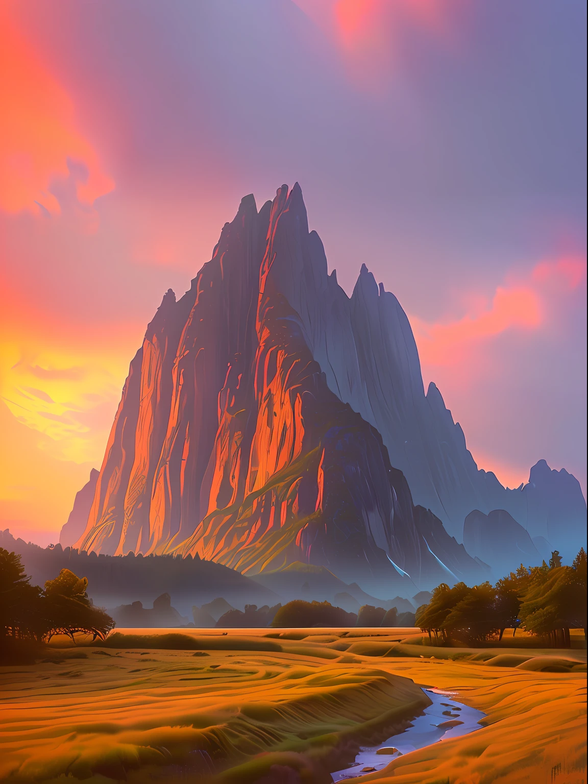 a stunning sunset vista landscape photography, Masterpiece, trending on CGSociety, 4K, 8K, HD, [art  stations:1], concept-art, Highly detailed, Sharp focus, [Subsurface scattering:1], art by Gabriel Lekegian and Abbas