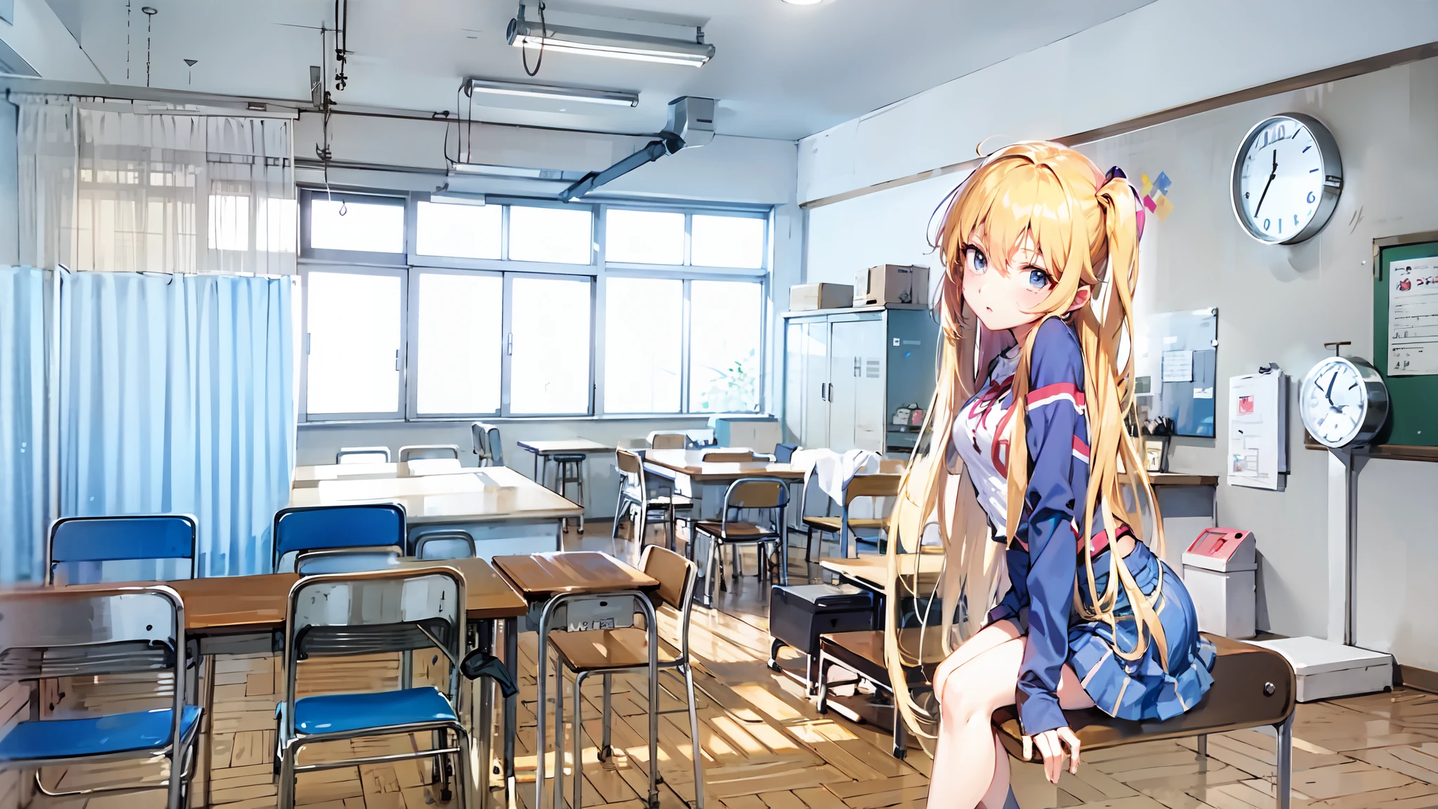 In an anime-style classroom、Desk and chair and big poster, visual novel cg, ; visual novel, painted in anime painter studio, visual novel, beautiful anime high school girl, typical anime classroom, Smooth Anime CG Art, blonde anime girl with long hair, Classroom background, visual novel key visual, rings asuka iwakura station game, in class room