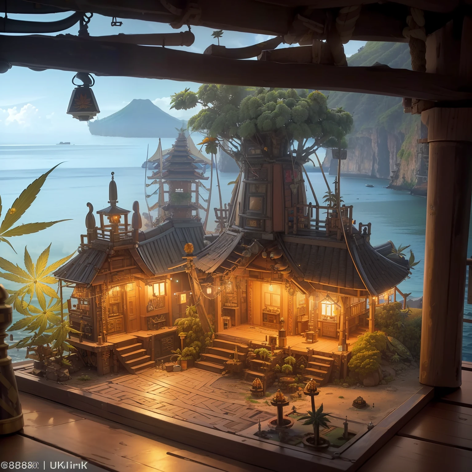 mini\(ttp\), (8k, RAW photo, best quality, masterpiece:1.4),(cannabispunk:1.5),Lots of connecting pipes,(balipunk:1.5),(balipunk light:1.2),on desk,in a miniature box,isometric, miniature, landscape on foundation, park landscape,