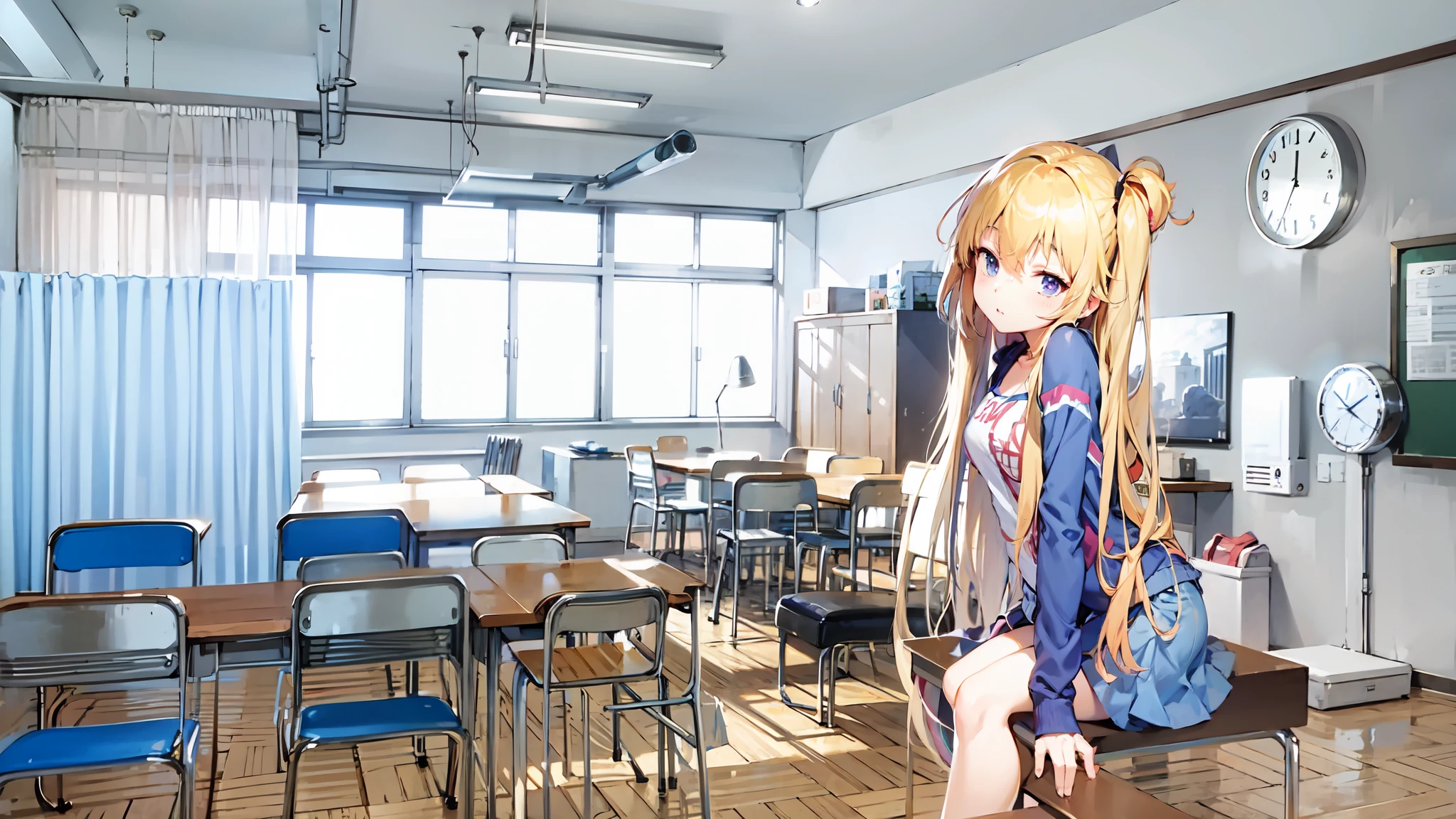 In an anime-style classroom、Desk and chair and big poster, visual novel cg, ; visual novel, painted in anime painter studio, visual novel, beautiful anime high school girl, typical anime classroom, Smooth Anime CG Art, blonde anime girl with long hair, Classroom background, visual novel key visual, rings asuka iwakura station game, in class room