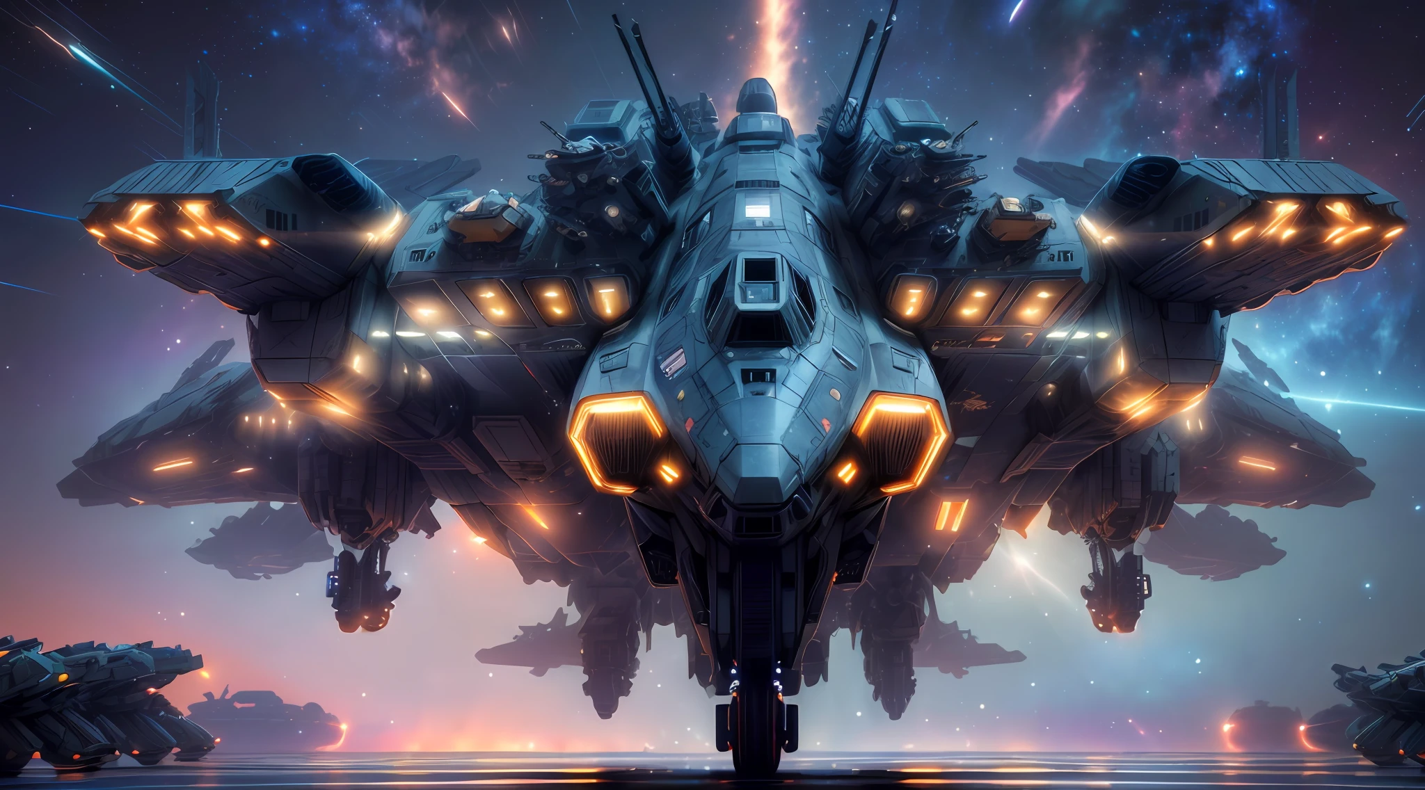 (space art),(low angle view:1.2), in space, A massive aircraft carrier with multiple turrets and streamlined design , small fighter jets，stars，Cyberpunk, Dreamy Glow, Luminous neon lamp,  ( Global illumination, raytracing, HDR, unreal render,reasonable design, high detailed, masterpiece, best quality, UHD, Cinematic Lighting), mecha musume